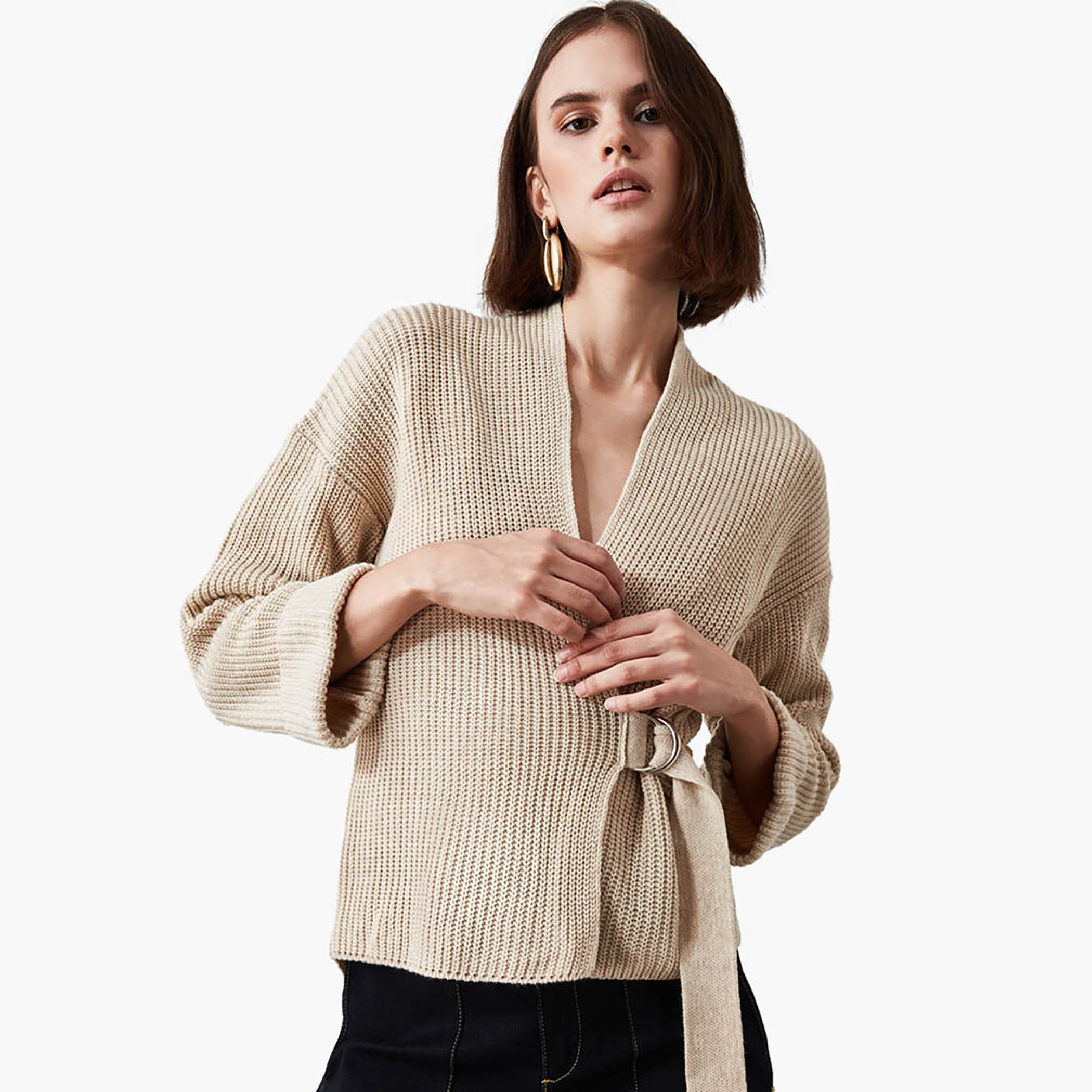 كارديجان صوف بارز الملمس بياقة v وزر إغلاق من ترينديول-women-winterwear-cardigansandjumpers-cardigans-image-1