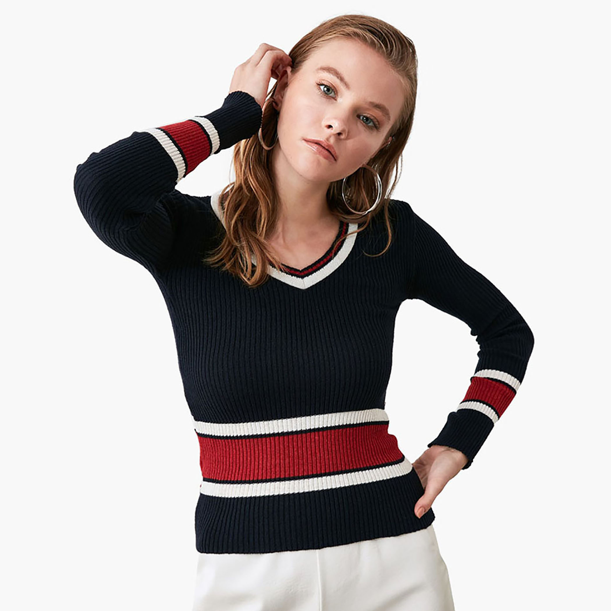 Trendyol Striped Woollen Pullover with V-neck and Long Sleeves-women-clothing-cardigansandjumpers-jumpers-image-1