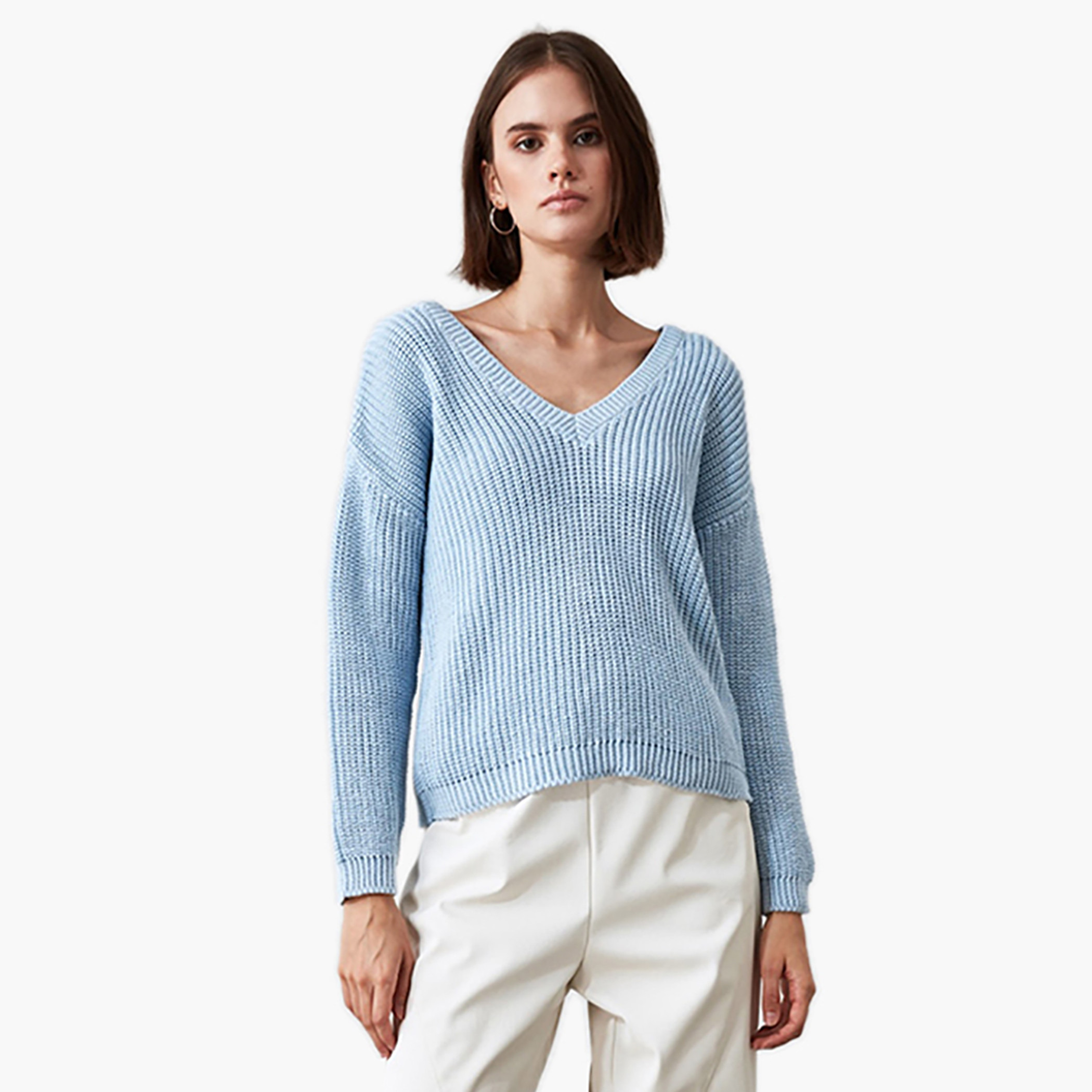 بلوفر صوف بارز الملمس بياقة V وأكمام طويلة من ترينديول-women-clothing-cardigansandjumpers-jumpers-image-1