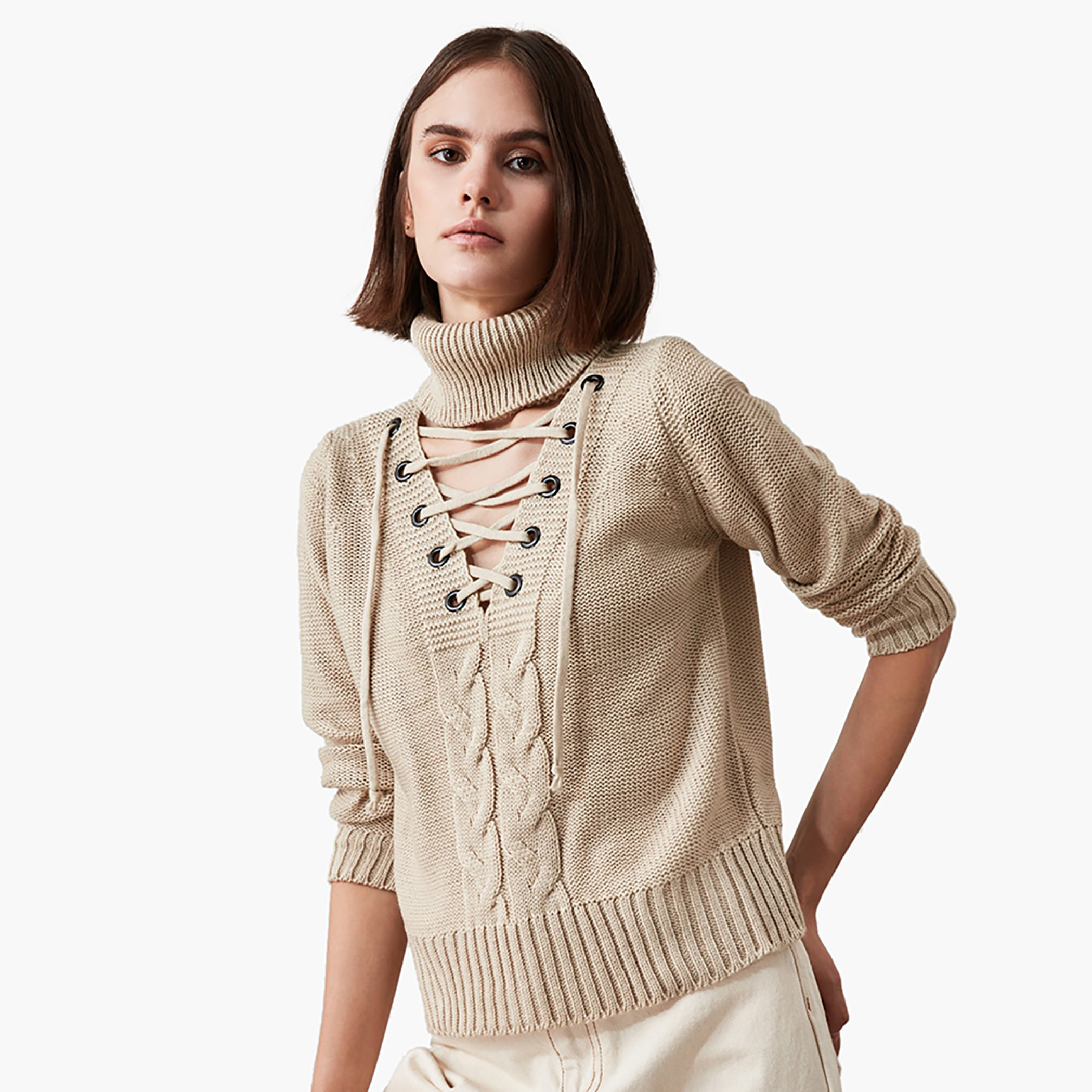 Trendyol Textured Woollen Pullover with Turtle Neck and Tie-Up Closure-women-clothing-cardigansandjumpers-jumpers-image-1