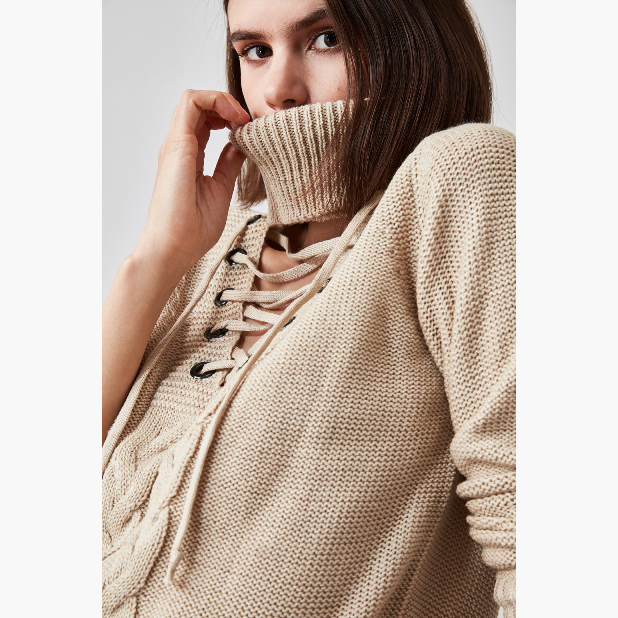 Trendyol Textured Woollen Pullover with Turtle Neck and Tie-Up Closure-women-clothing-cardigansandjumpers-jumpers-image-2