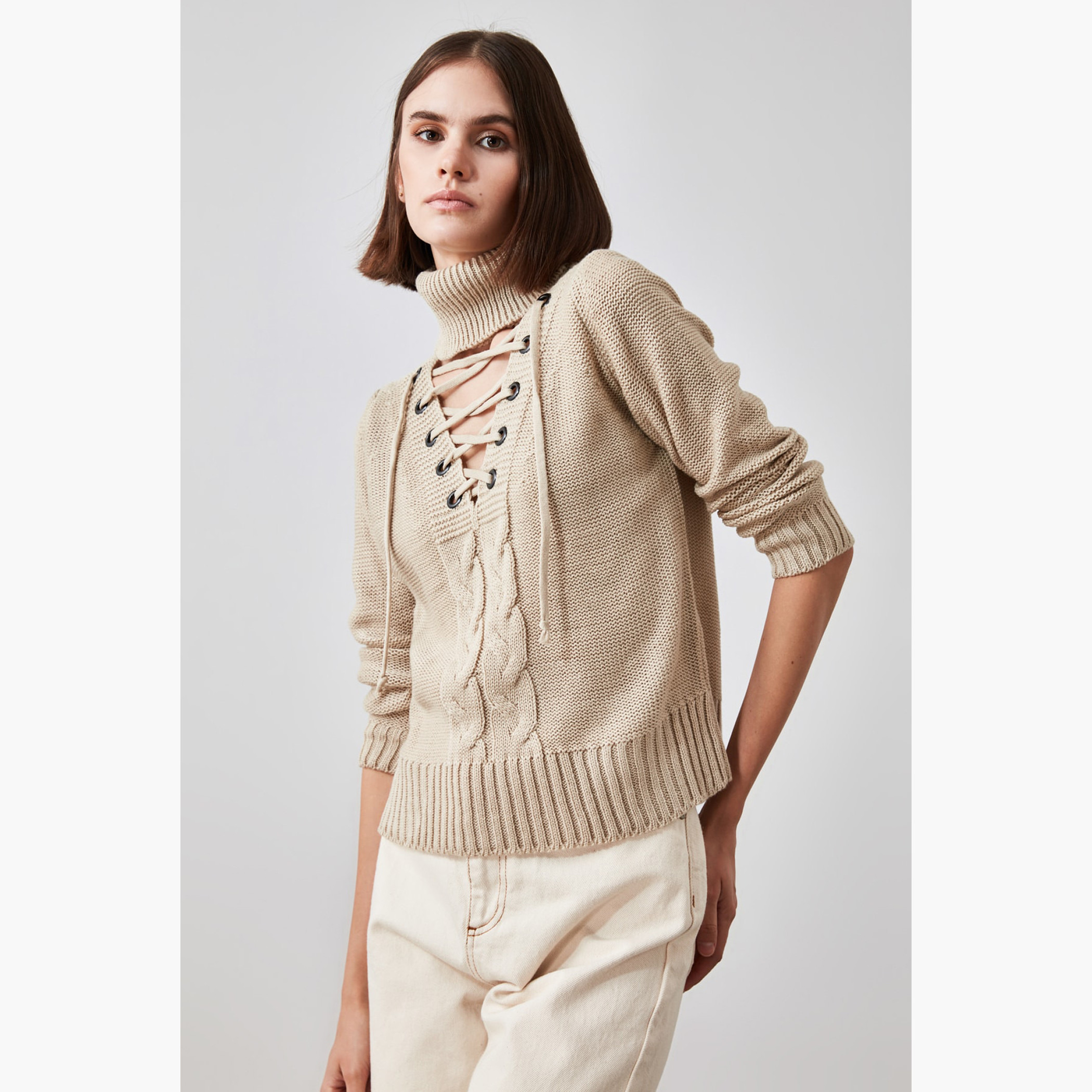 Trendyol Textured Woollen Pullover with Turtle Neck and Tie-Up Closure-women-clothing-cardigansandjumpers-jumpers-image-3