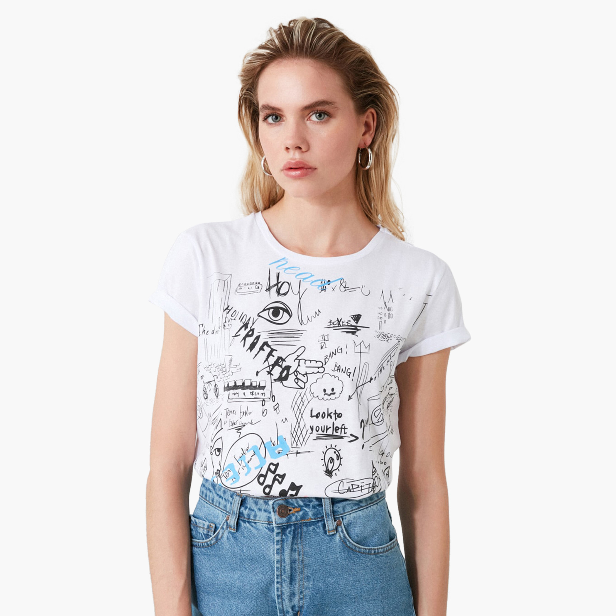 تيشيرت بياقة مستديرة وأكمام قصيرة وطبعات من ترينديول-women-clothing-tshirts-image-2