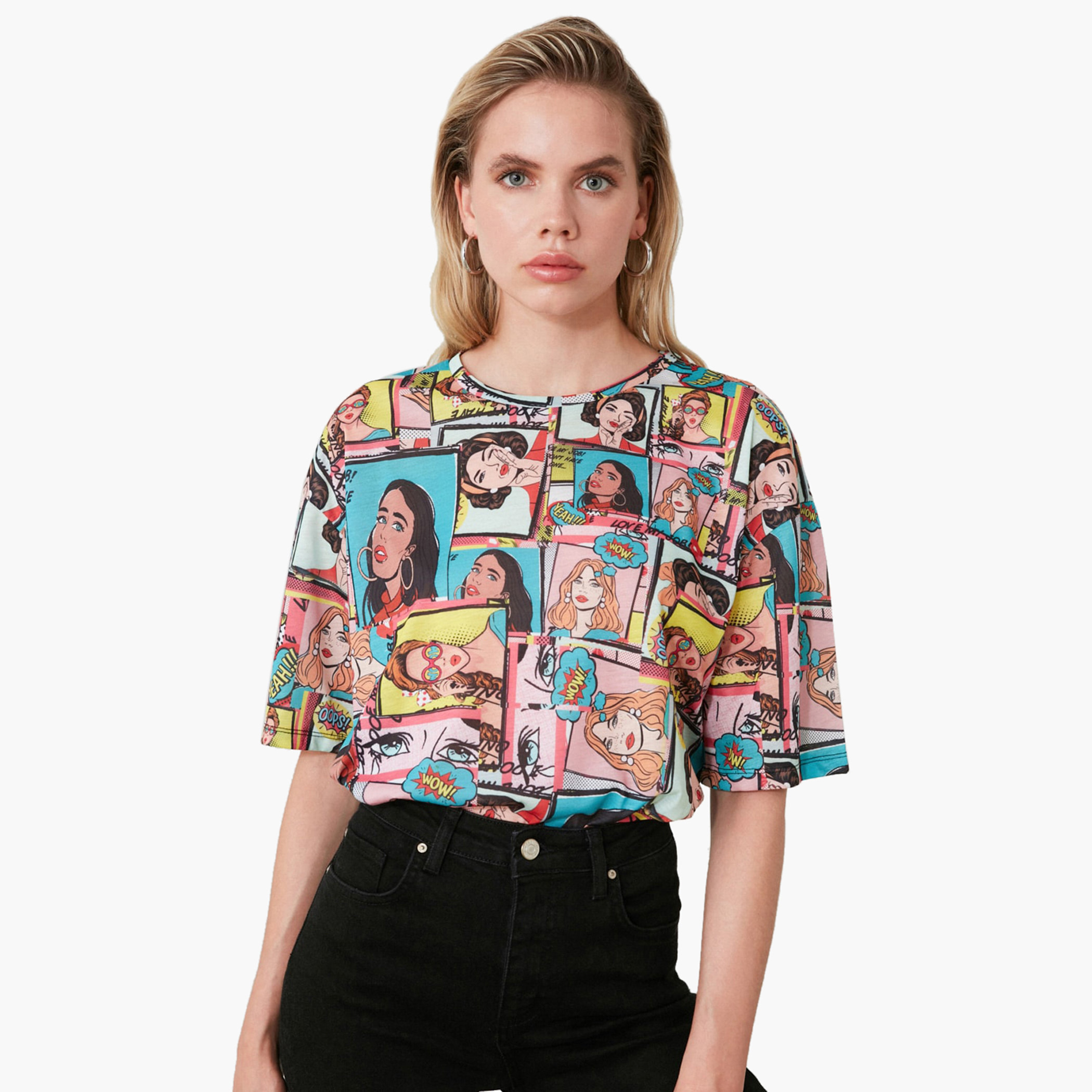 Trendyol Printed Regular Fit Crew Neck Top with Short Sleeves-women-clothing-tshirts-image-2