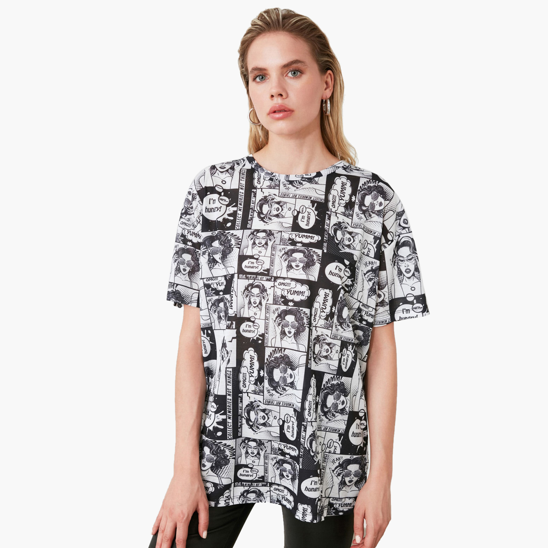 Trendyol Printed Regular Fit Crew Neck Top with Short Sleeves-women-clothing-tshirts-image-1
