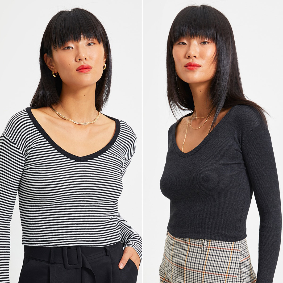 حزمة من 2 بلوزة نسائية مخططة برقبة على شكل وي من ترينديول-women-clothing-shirtsandblouses-blouses-image-1