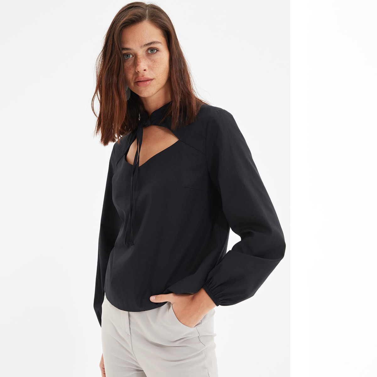 Trendyol Women Solid Cut Out Detail Tie Neck Blouse-women-clothing-shirtsandblouses-blouses-image-2