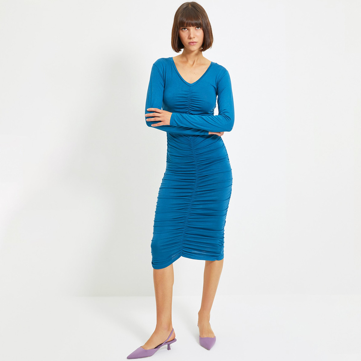 ترينديول أزرق متوسط الطول فستان-women-clothing-dresses-image-4