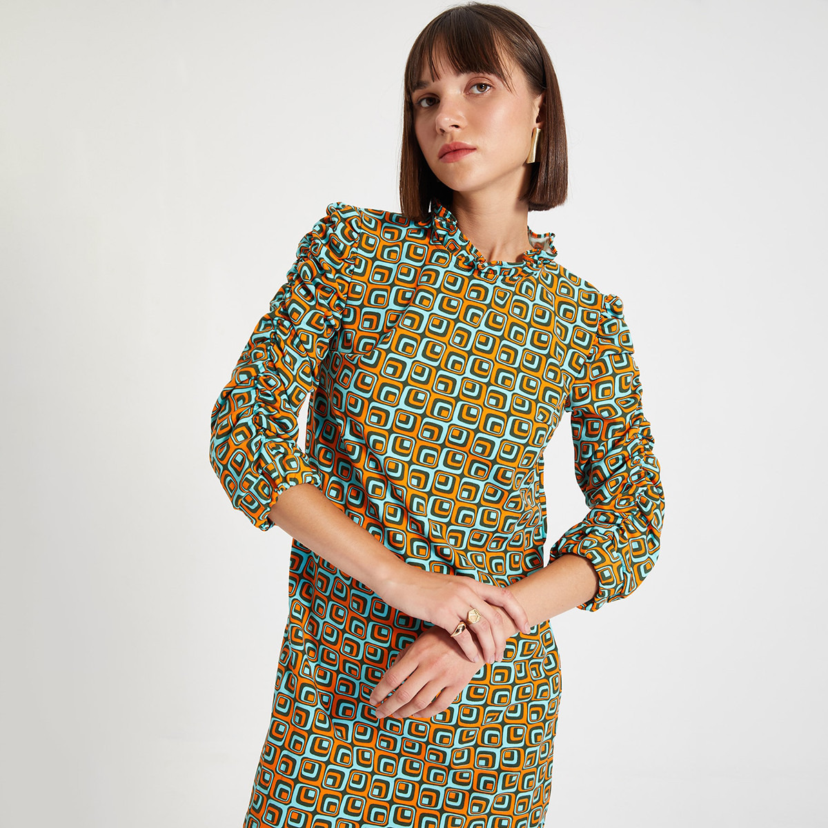 Trendyol Women Printed Ruffled Neck Mini Dress-women-clothing-dresses-image-7