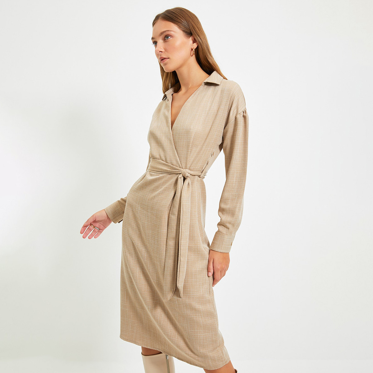 ترينديول بنى متوسط الطول فستان-women-clothing-dresses-image-1