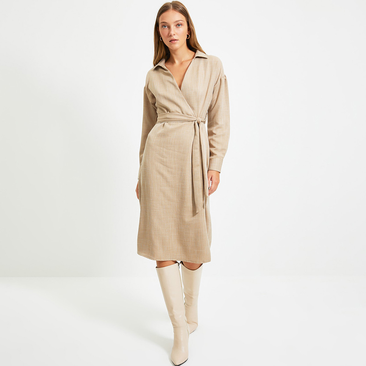 Trendyol Women Textured Collared Neck Midi Wrap Dress-women-clothing-dresses-image-2
