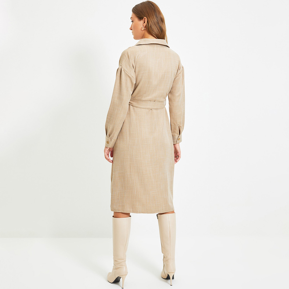 Trendyol Women Textured Collared Neck Midi Wrap Dress-women-clothing-dresses-image-5