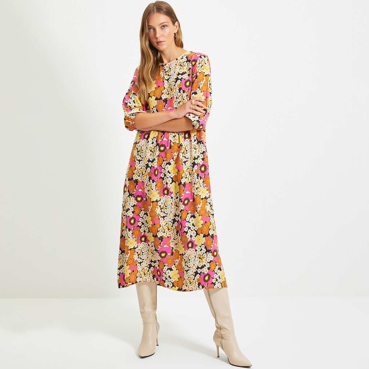 Trendyol Women Floral Crew Neck Midi Dress-women-clothing-dresses-image-2