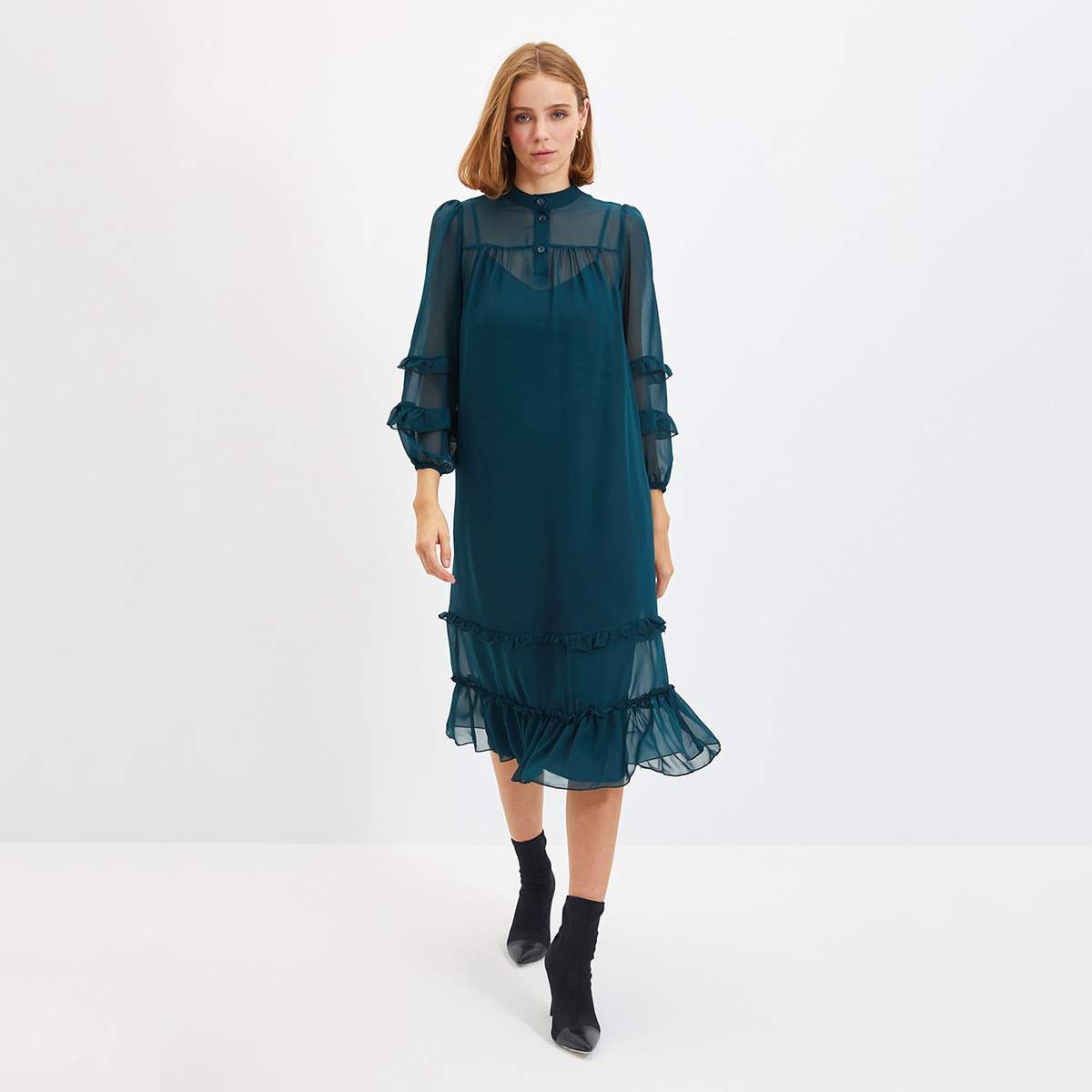 Trendyol Women Ruffle Mandarin Neck Midi Dress-women-clothing-dresses-image-1