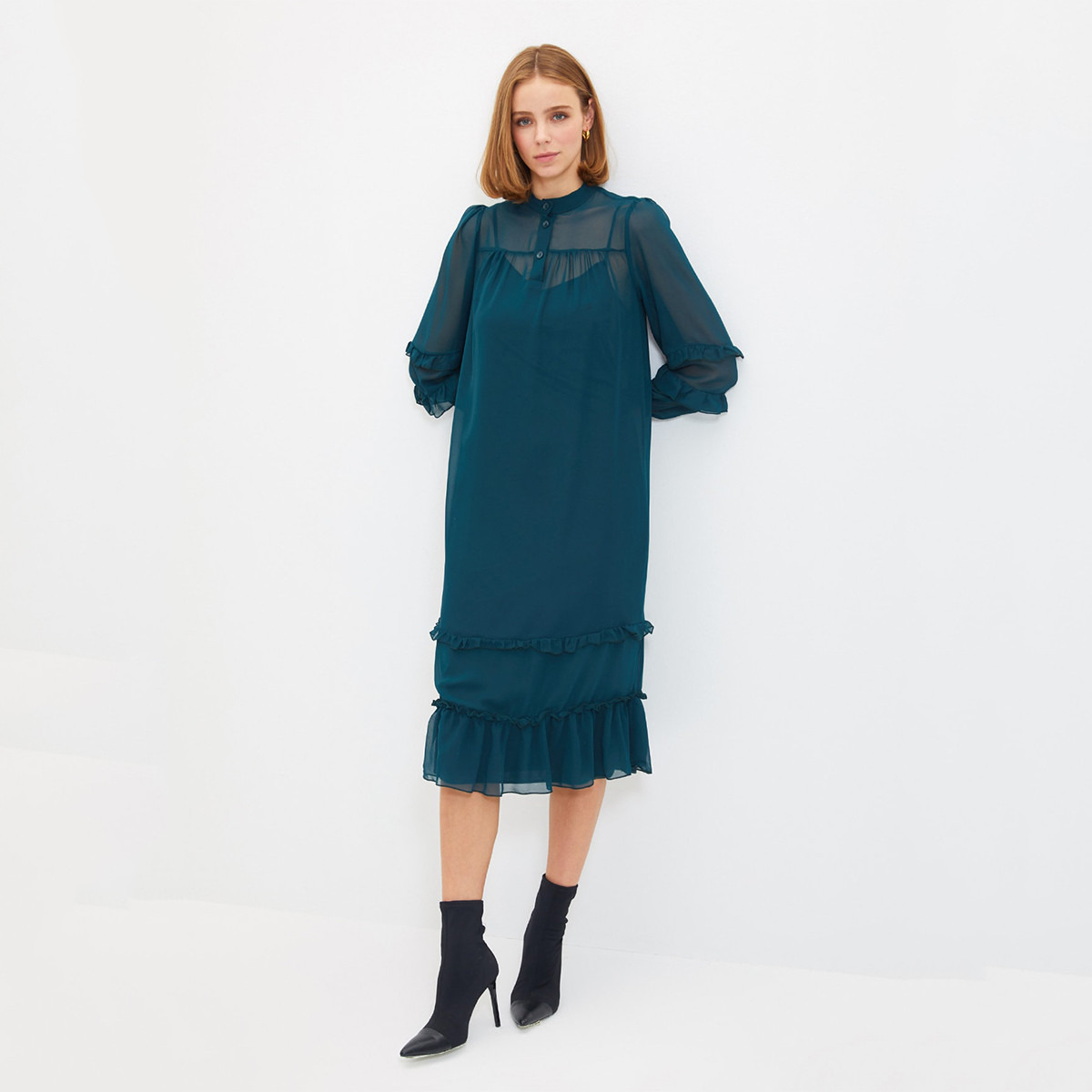 Trendyol Women Ruffle Mandarin Neck Midi Dress-women-clothing-dresses-image-2