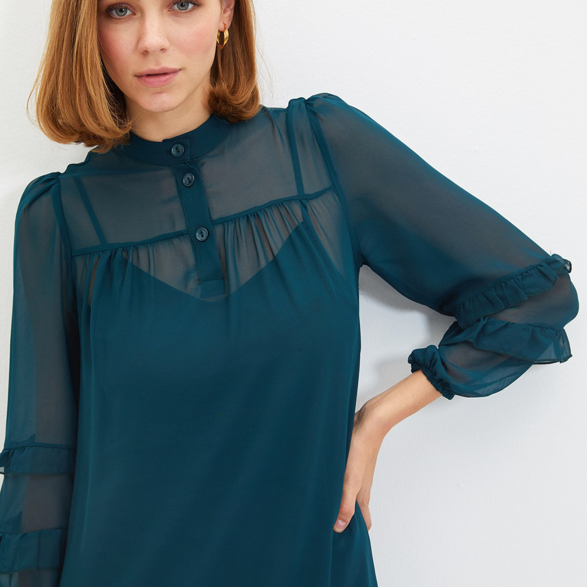 Trendyol Women Ruffle Mandarin Neck Midi Dress-women-clothing-dresses-image-3