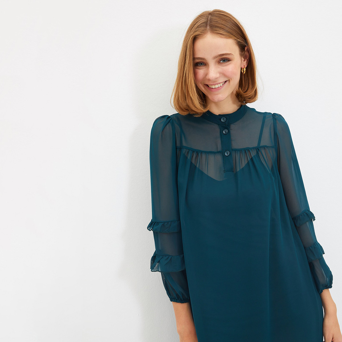 Trendyol Women Ruffle Mandarin Neck Midi Dress-women-clothing-dresses-image-4