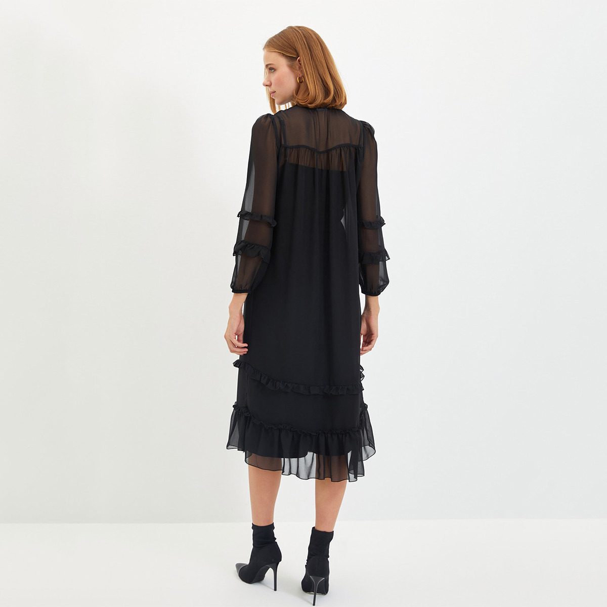 Trendyol Women Ruffle Mandarin Neck Midi Dress-women-clothing-dresses-image-3