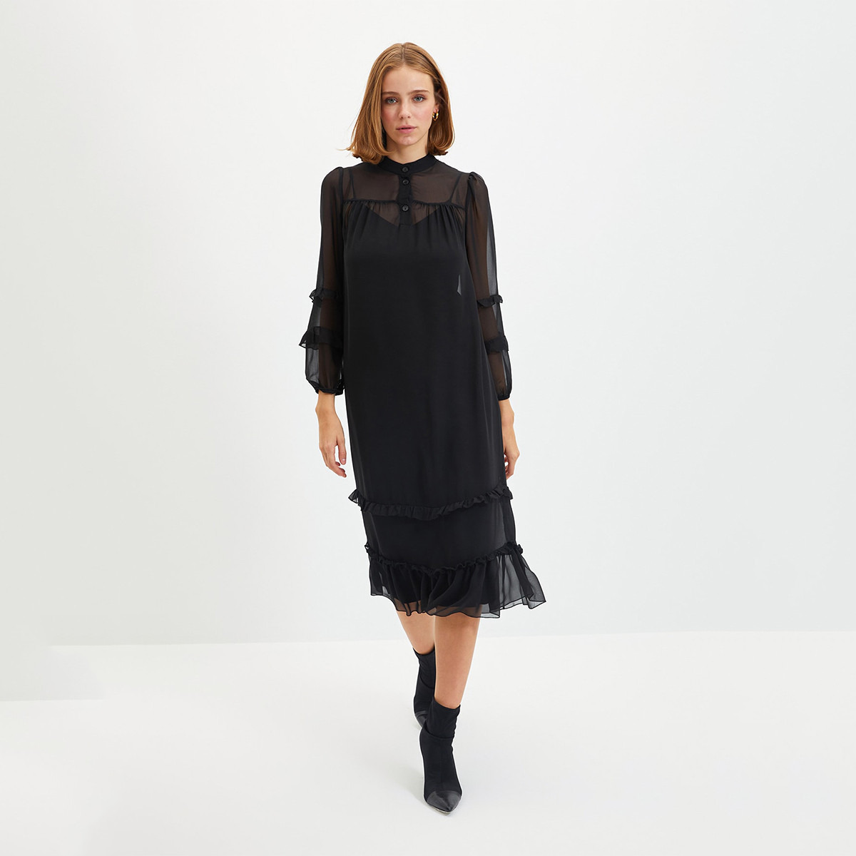 Trendyol Women Ruffle Mandarin Neck Midi Dress-women-clothing-dresses-image-4