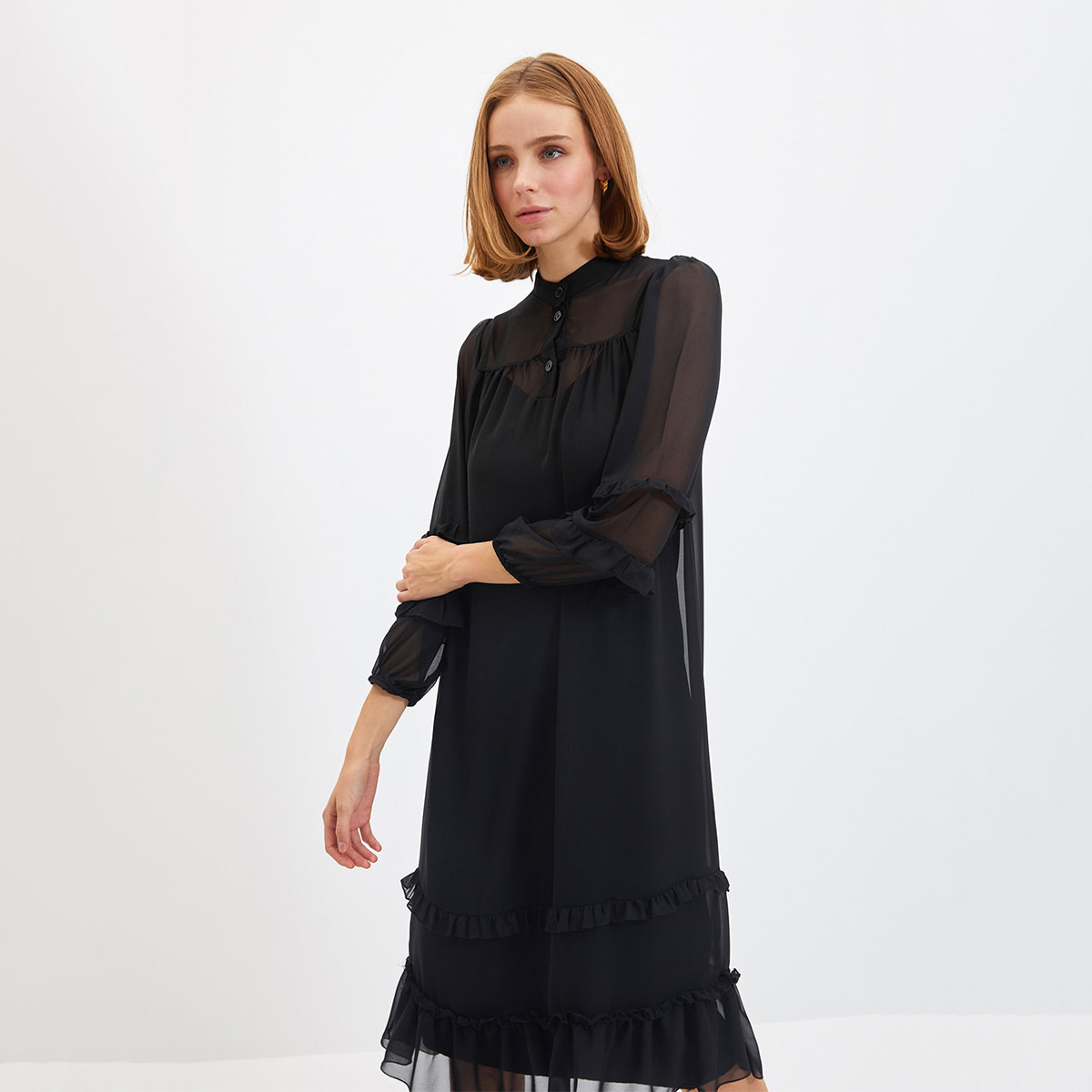 Trendyol Women Ruffle Mandarin Neck Midi Dress-women-clothing-dresses-image-5