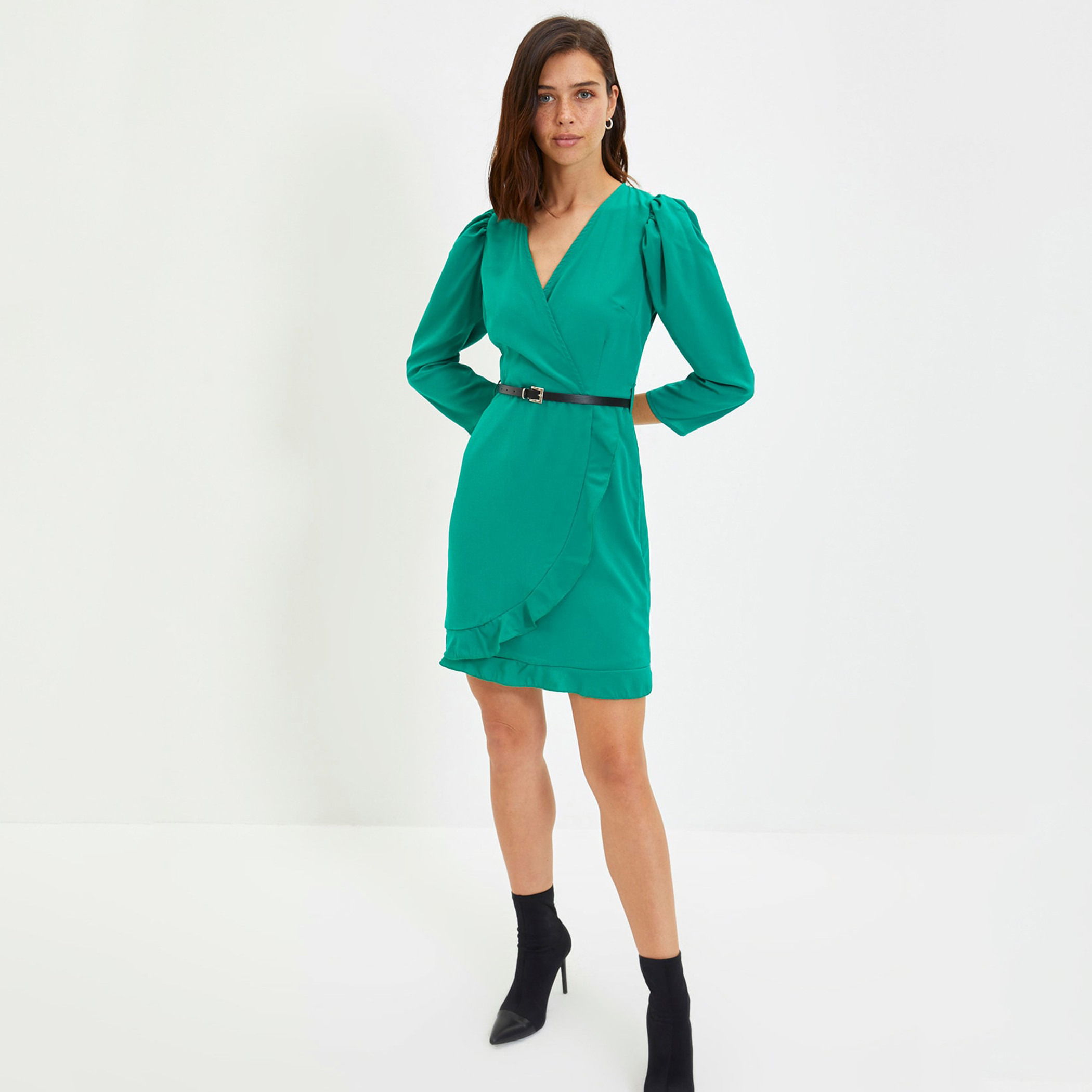 Trendyol Women Solid V-Neck Belted Dress-women-clothing-dresses-image-1