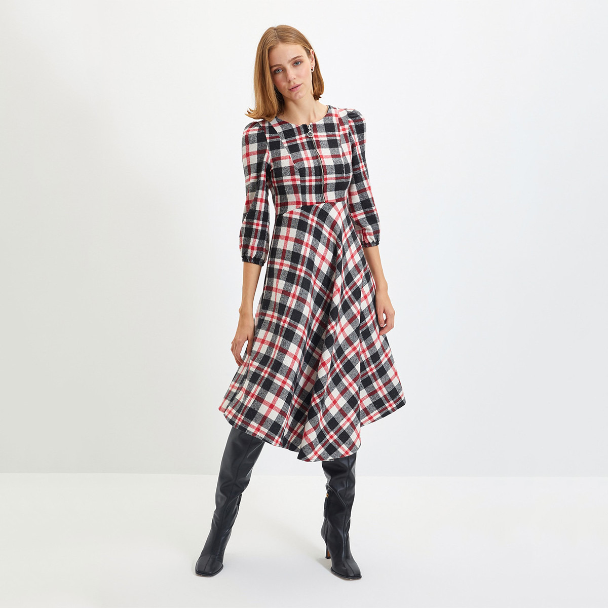 Trendyol Women Checked Front Zipper Midi Dress-women-clothing-dresses-image-2