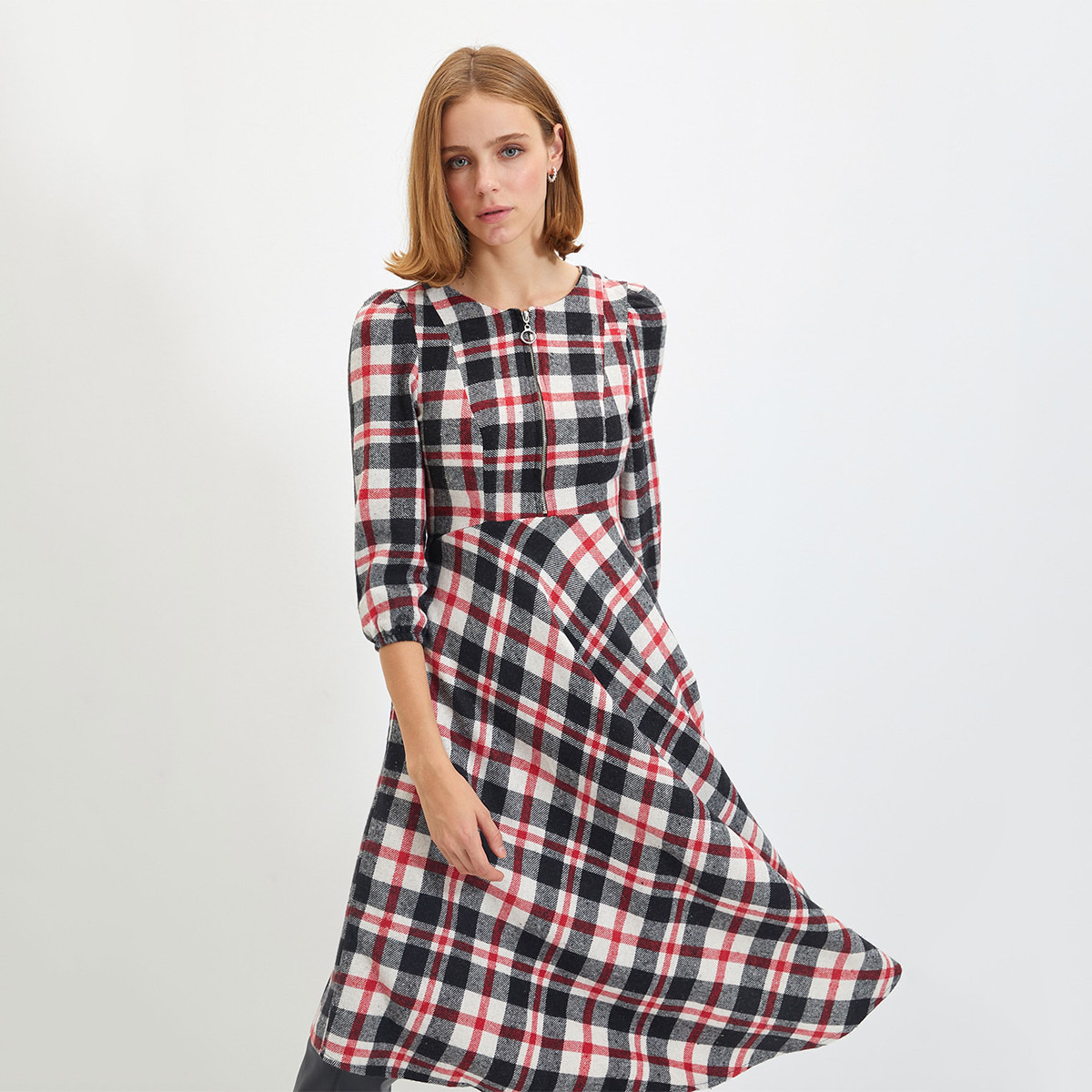Trendyol Women Checked Front Zipper Midi Dress-women-clothing-dresses-image-3