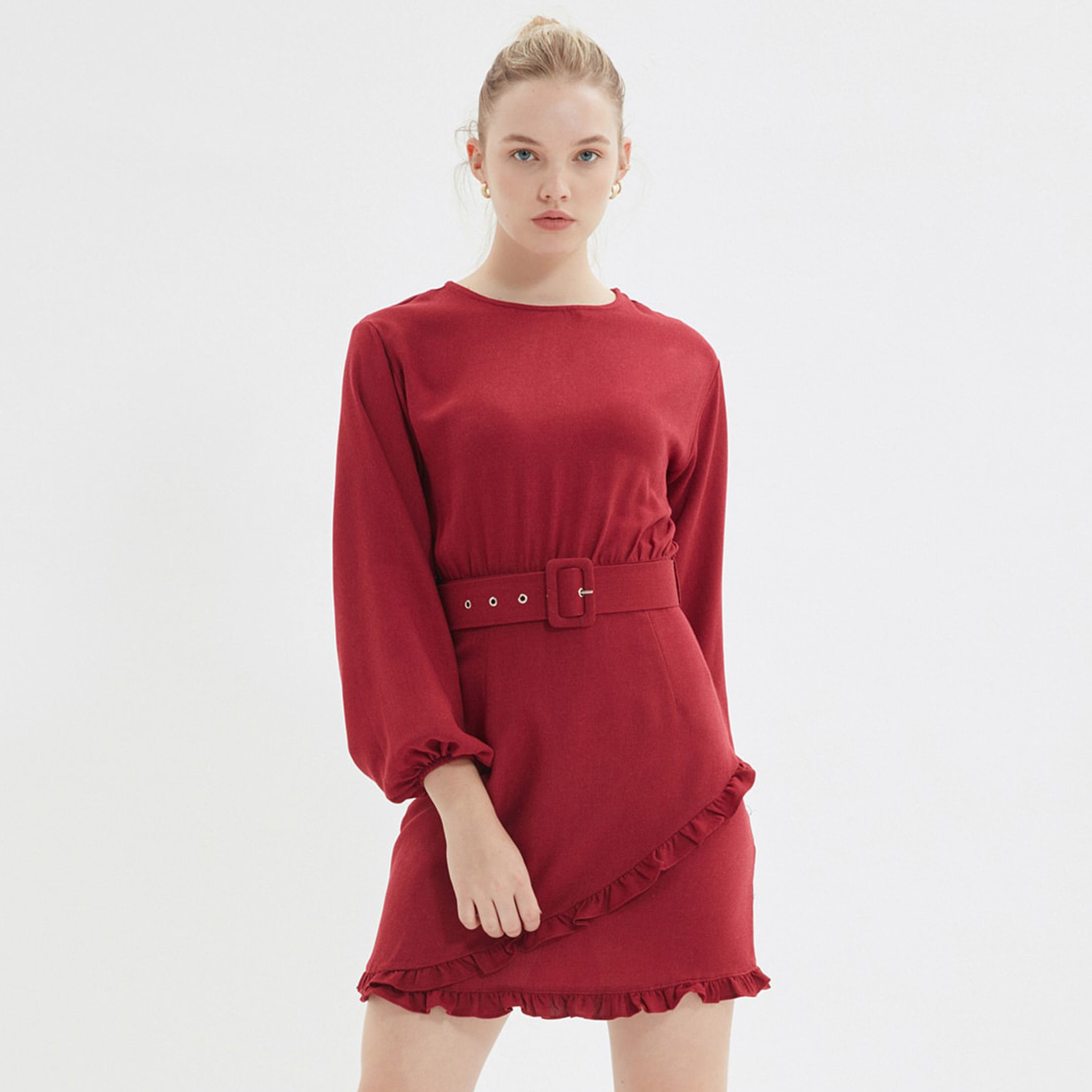 Trendyol Women Solid Round Neck Belted Mini Dress-women-clothing-dresses-image-1
