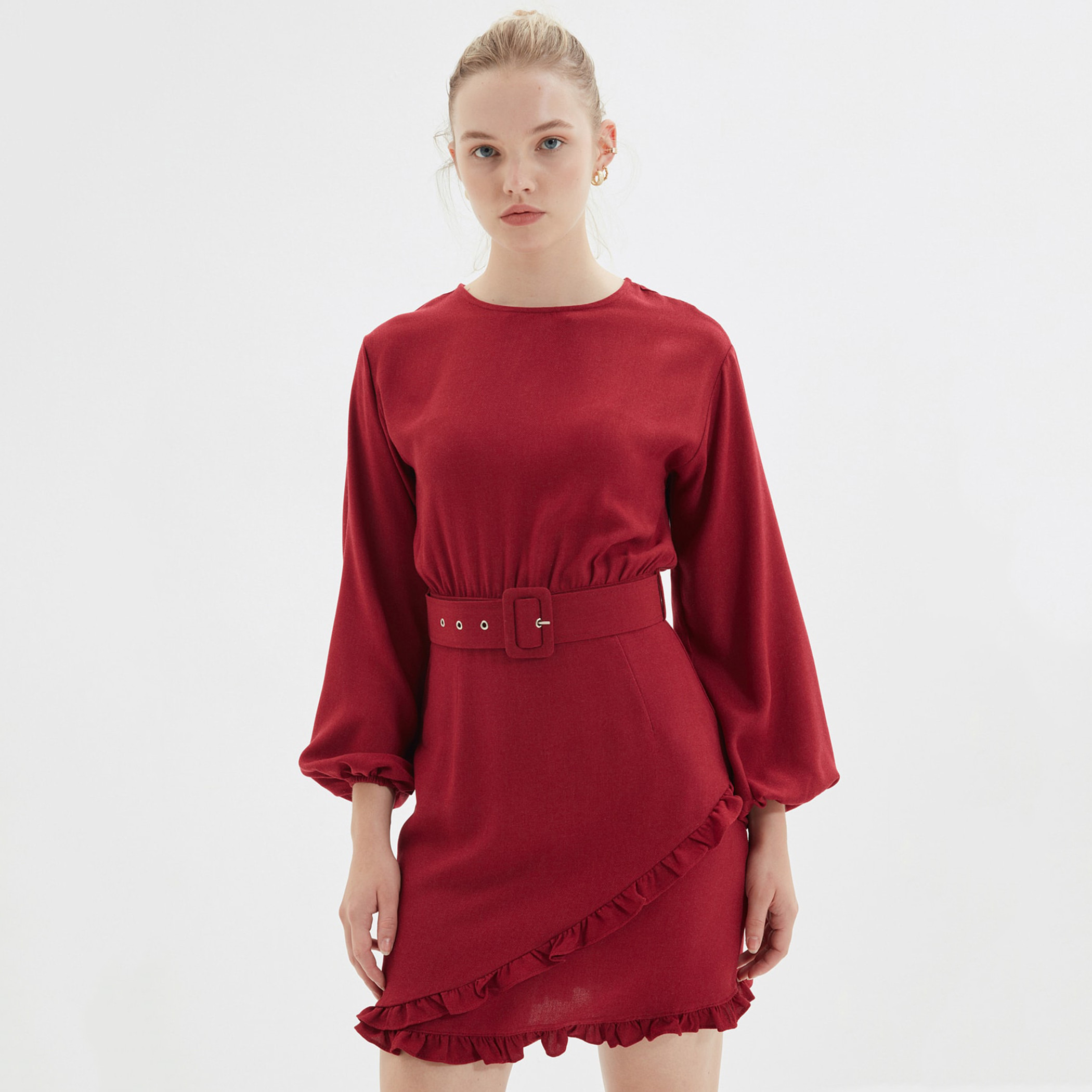 Trendyol Women Solid Round Neck Belted Mini Dress-women-clothing-dresses-image-2