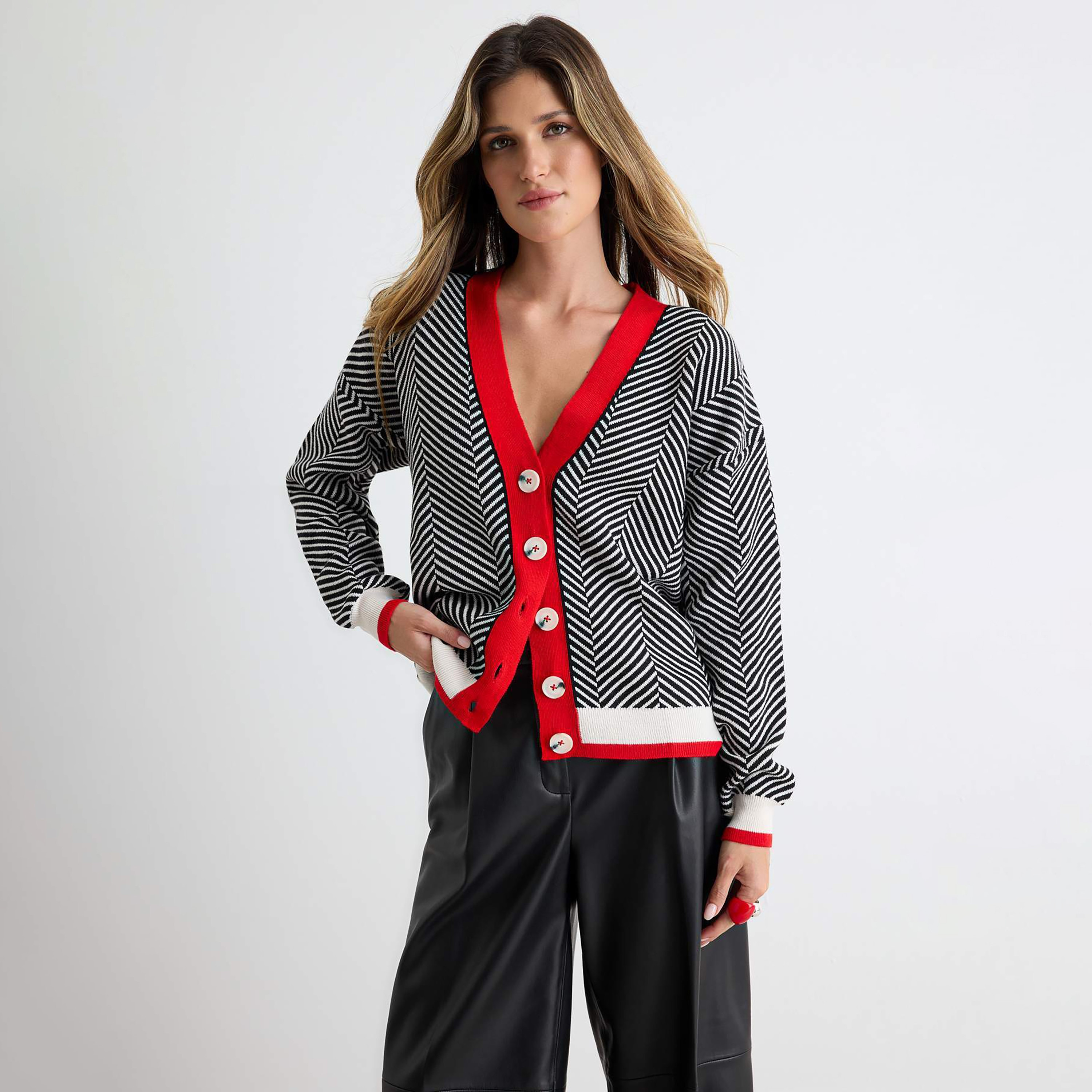 Trendyol Women Striped V-Neck Cardigan-women-winterwear-cardigansandjumpers-cardigans-image-1