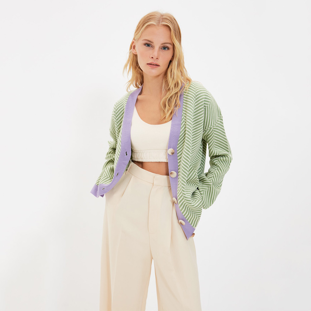 Trendyol Women Striped V-Neck Cardigan-women-winterwear-cardigansandjumpers-cardigans-image-1