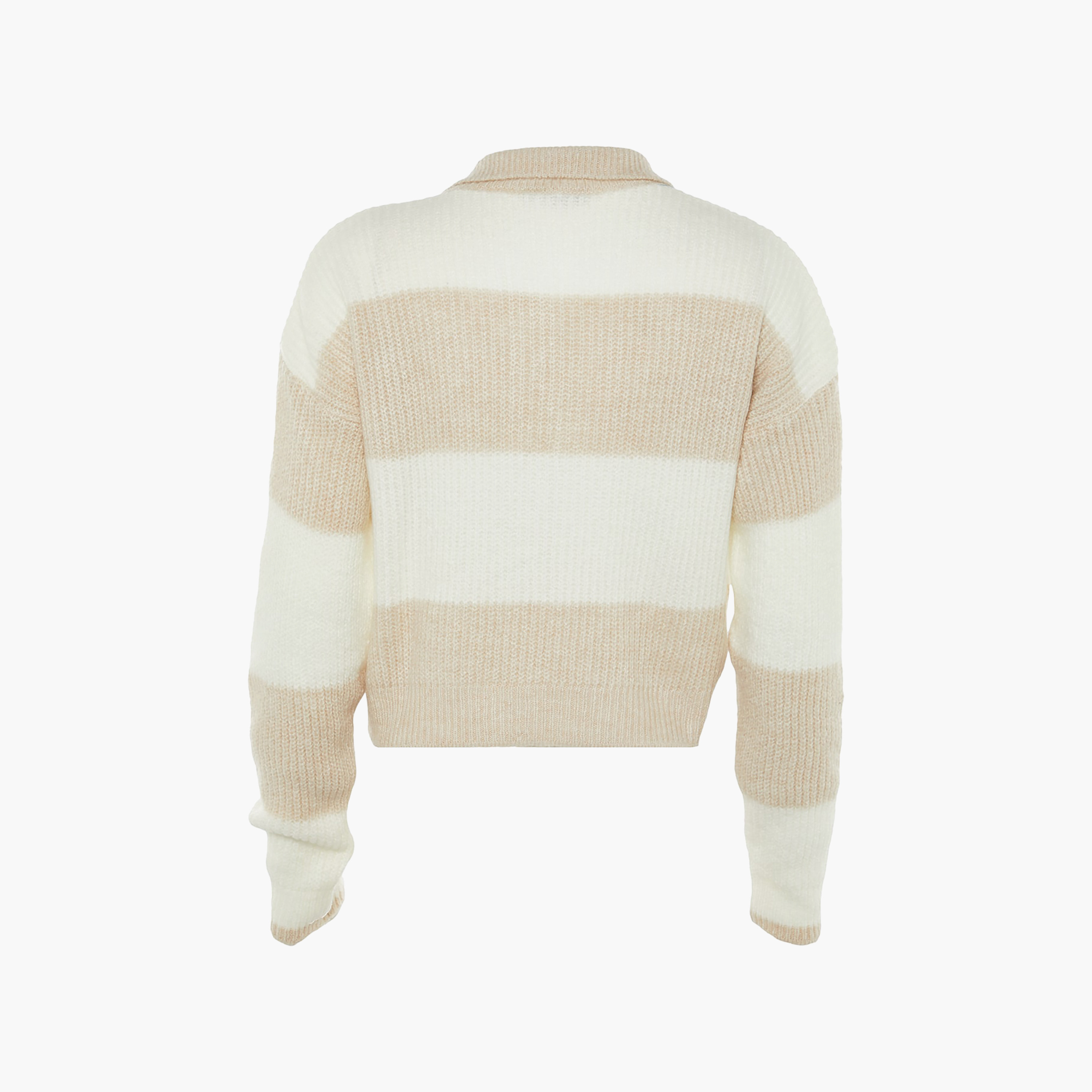Trendyolmilla Stone Color-Blocked Collared Dropped Sleeves Women's Sweater-women-winterwear-cardigansandjumpers-jumpers-image-6