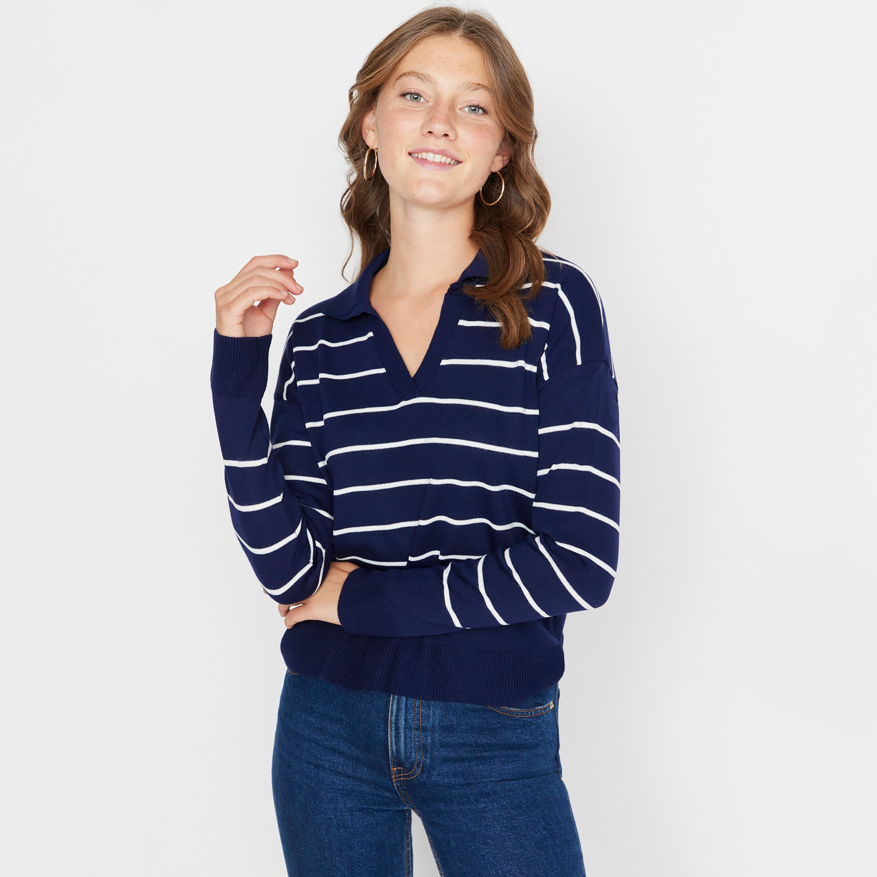 Trendyolmilla Navy Striped Collared Dropped Sleeves Women's Sweater-women-winterwear-cardigansandjumpers-jumpers-image-1