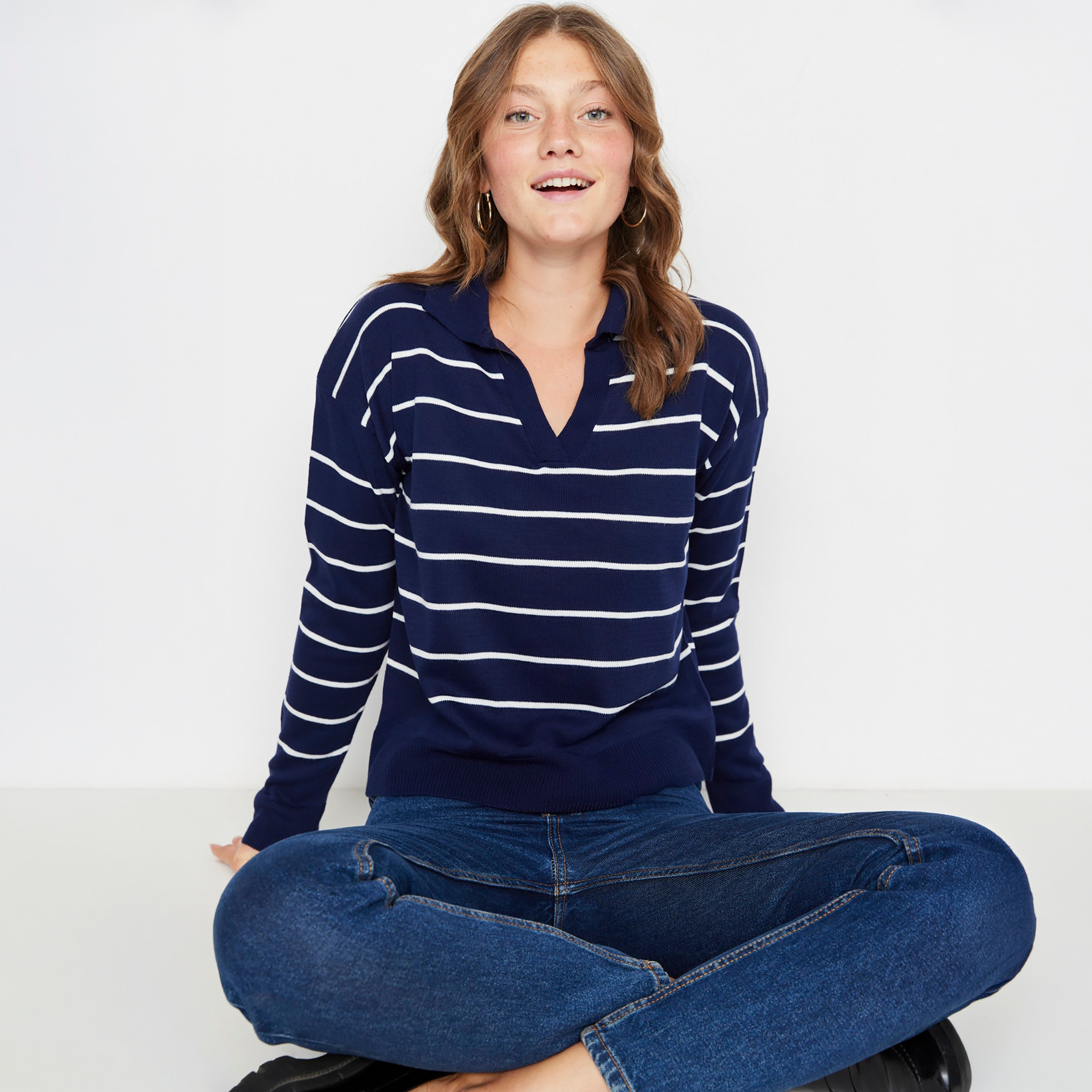 Trendyolmilla Navy Striped Collared Dropped Sleeves Women's Sweater-women-winterwear-cardigansandjumpers-jumpers-image-3