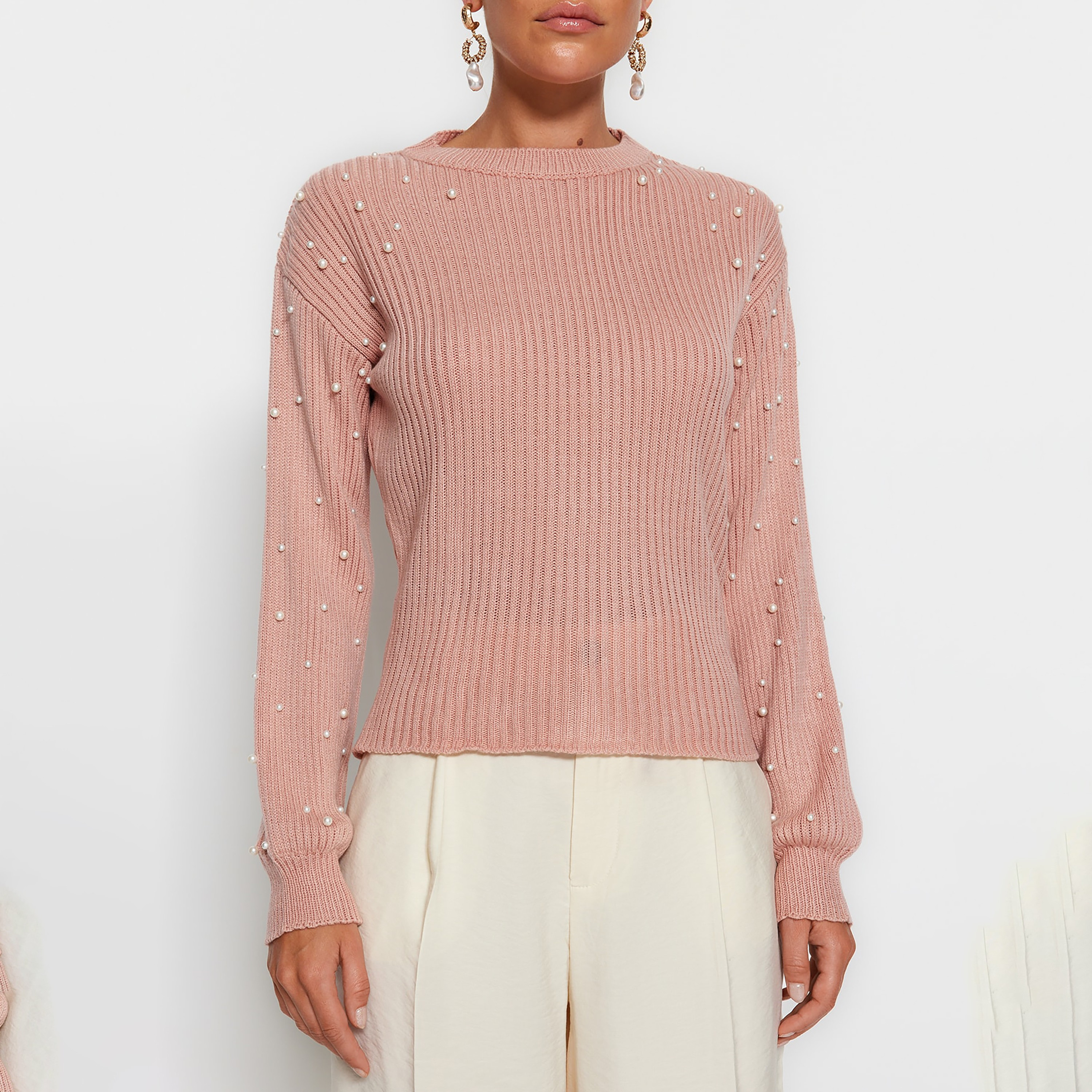 بلوفر حريمي وردي بتفاصيل اللؤلؤ من ترينديول ميلا-women-winterwear-cardigansandjumpers-jumpers-image-5