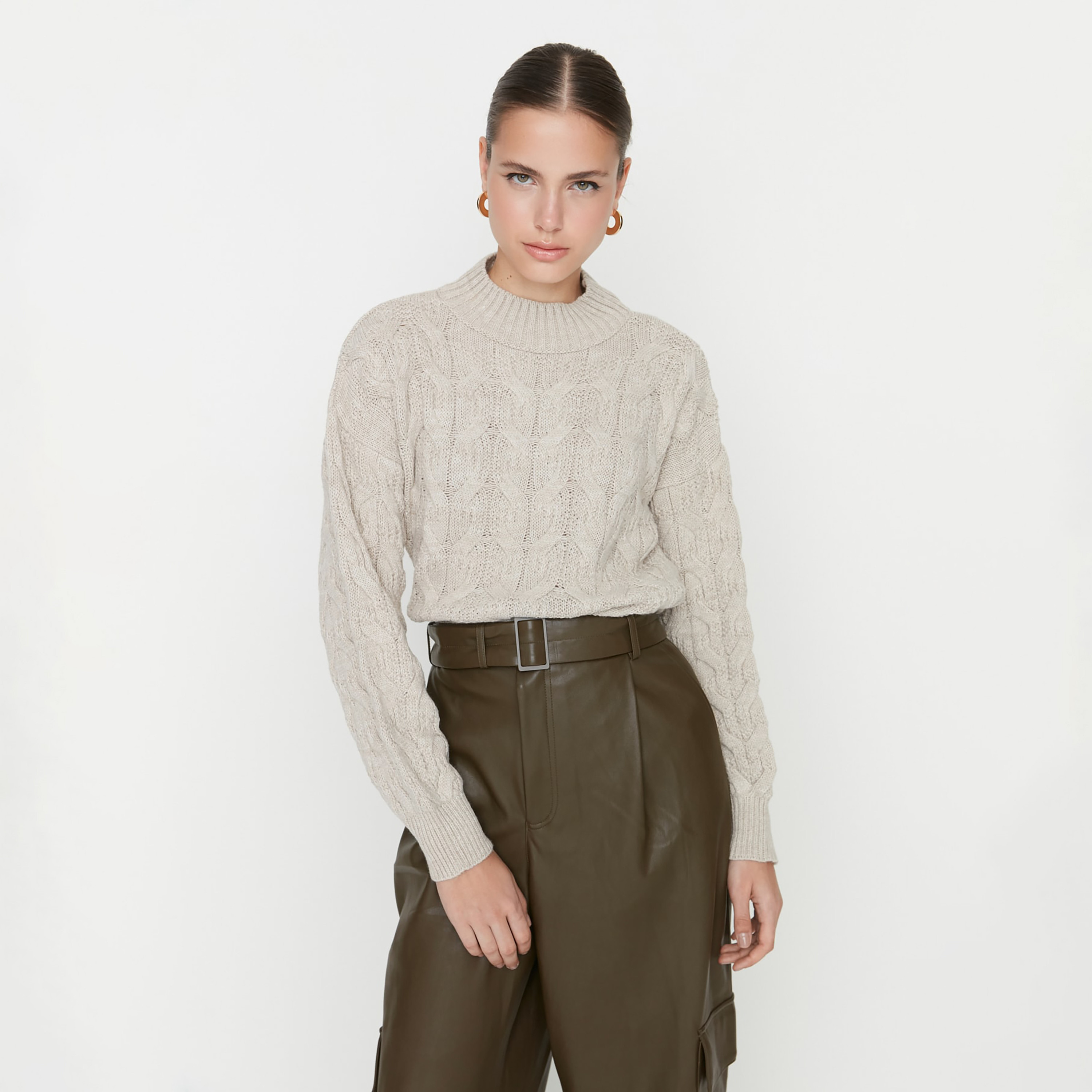 Trendyolmilla Stone Cable Knitted Mock Neck Dropped Sleeves Women's Sweater-women-winterwear-cardigansandjumpers-jumpers-image-1