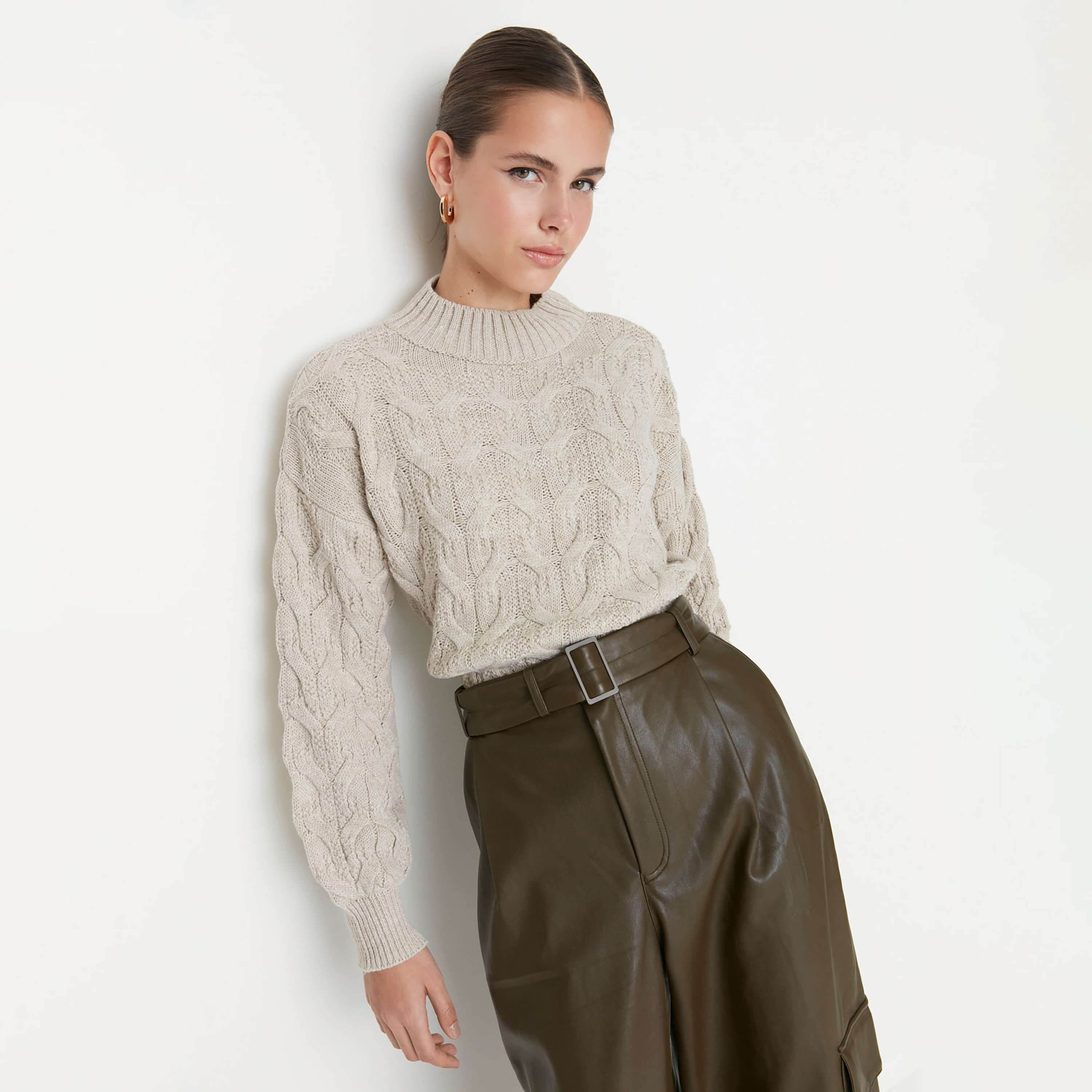 Trendyolmilla Stone Cable Knitted Mock Neck Dropped Sleeves Women's Sweater-women-winterwear-cardigansandjumpers-jumpers-image-2