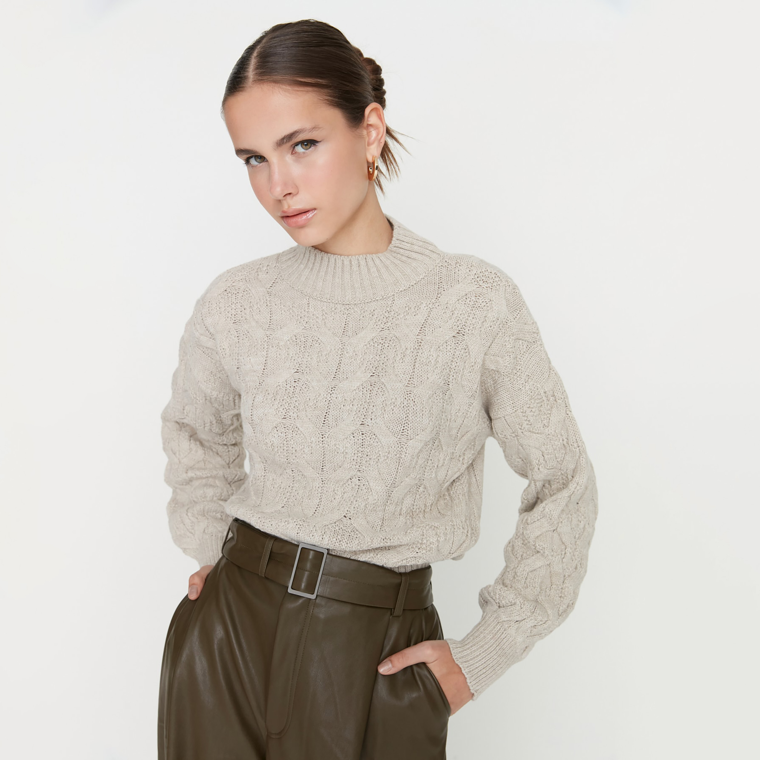 Trendyolmilla Stone Cable Knitted Mock Neck Dropped Sleeves Women's Sweater-women-winterwear-cardigansandjumpers-jumpers-image-3