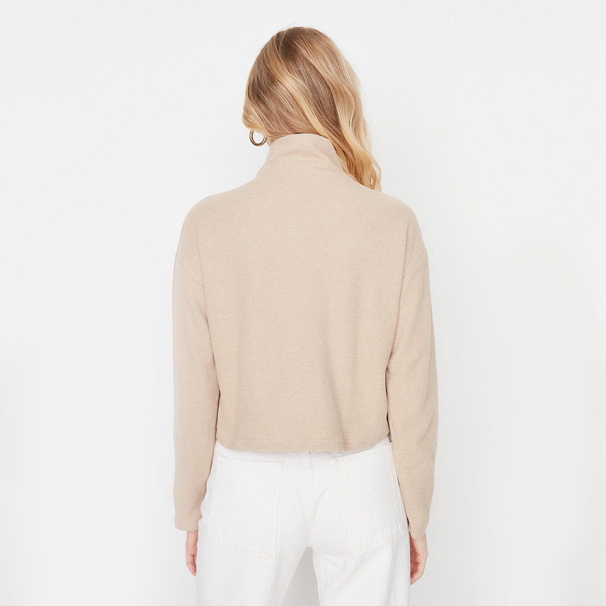 Shop Trendyol Women Beige Knitted Half Zip Sweatshirt Online