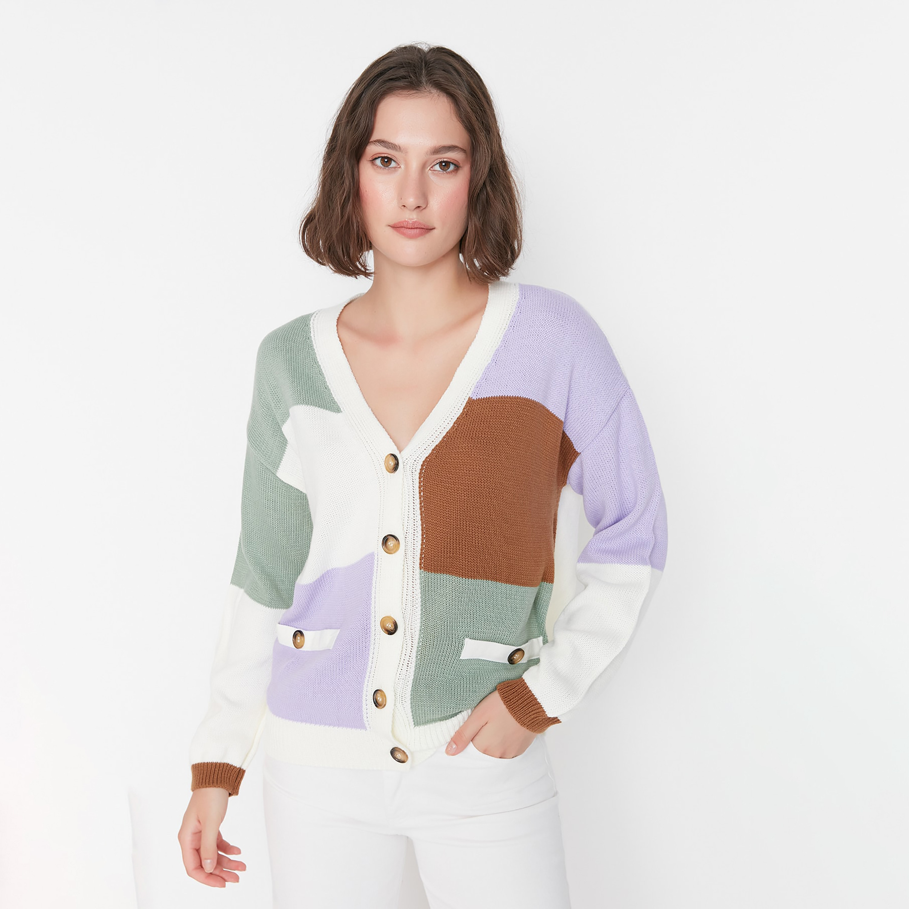 كارديجان ترينديول نسائي بورجوندي ضيق بياقة على شكل وى مع زر إغلاق-women-winterwear-cardigansandjumpers-cardigans-image-1