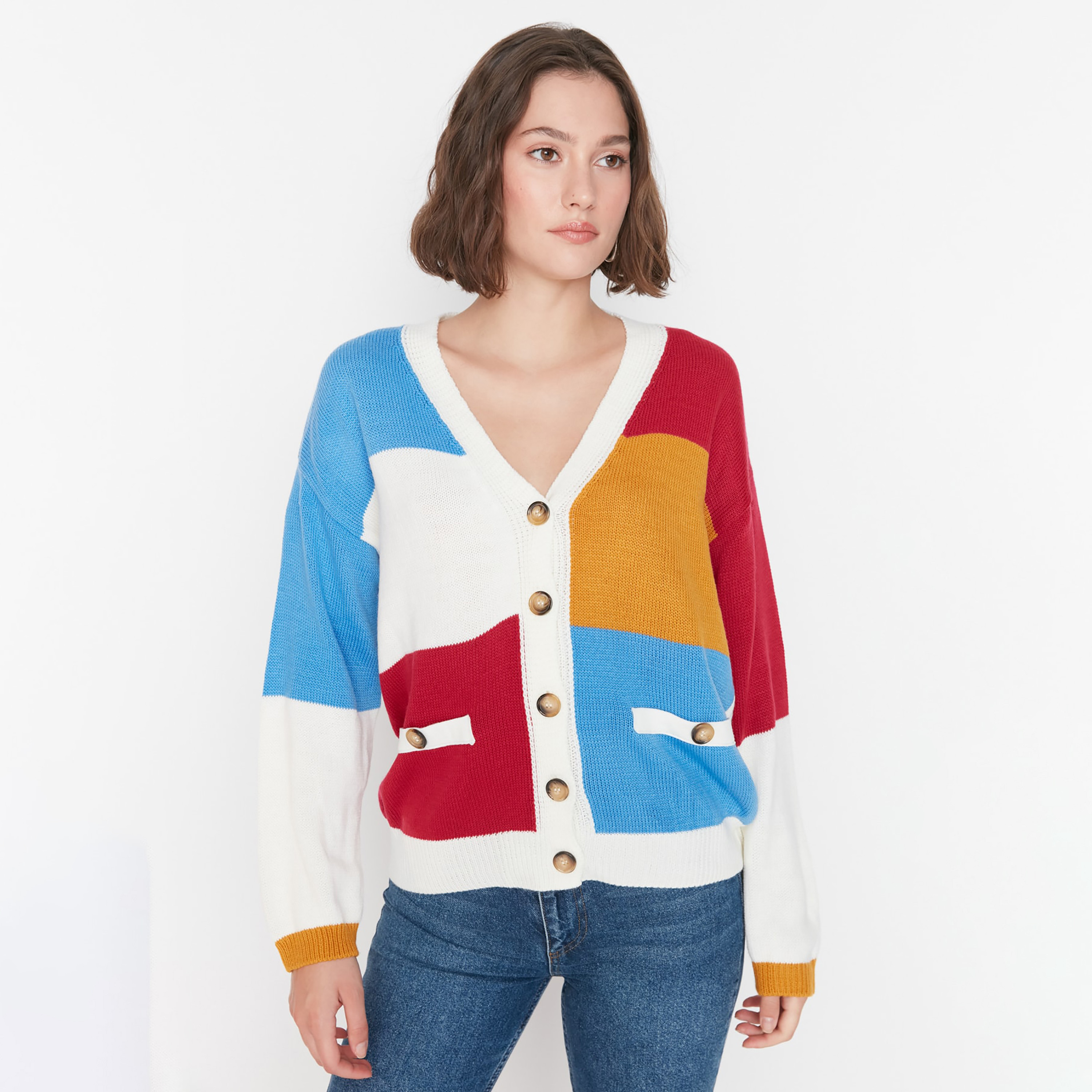 Trendyol Women Colour Blocked V-Neck Cardigan with Button Closure-women-winterwear-cardigansandjumpers-cardigans-image-9