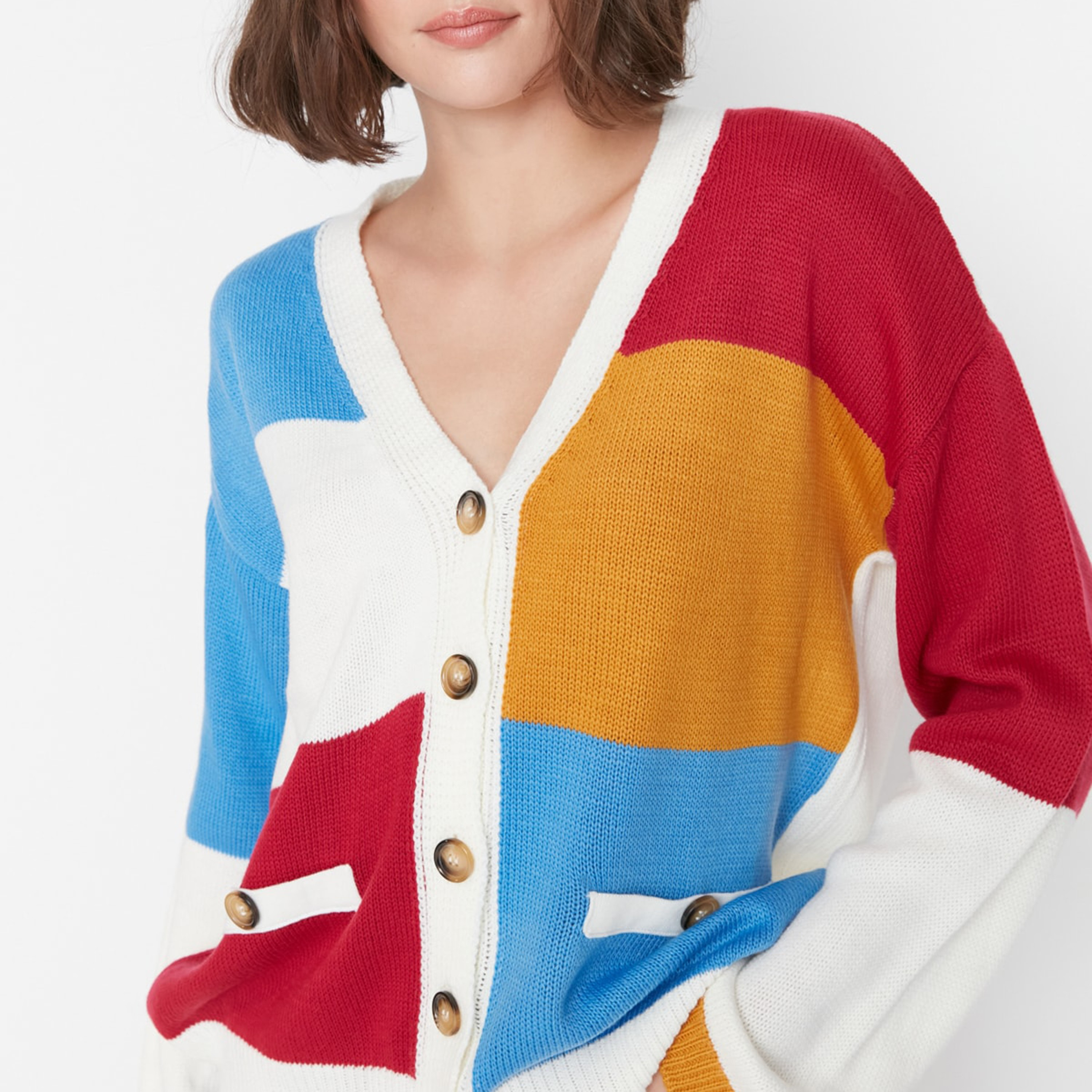 Trendyol Women Colour Blocked V-Neck Cardigan with Button Closure-women-winterwear-cardigansandjumpers-cardigans-image-10