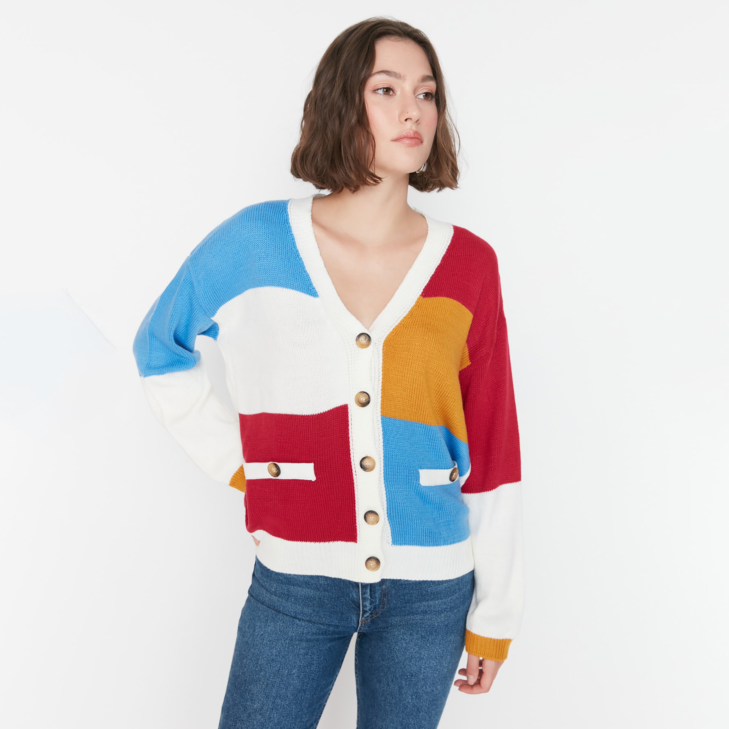 Trendyol Women Colour Blocked V-Neck Cardigan with Button Closure-women-winterwear-cardigansandjumpers-cardigans-image-11