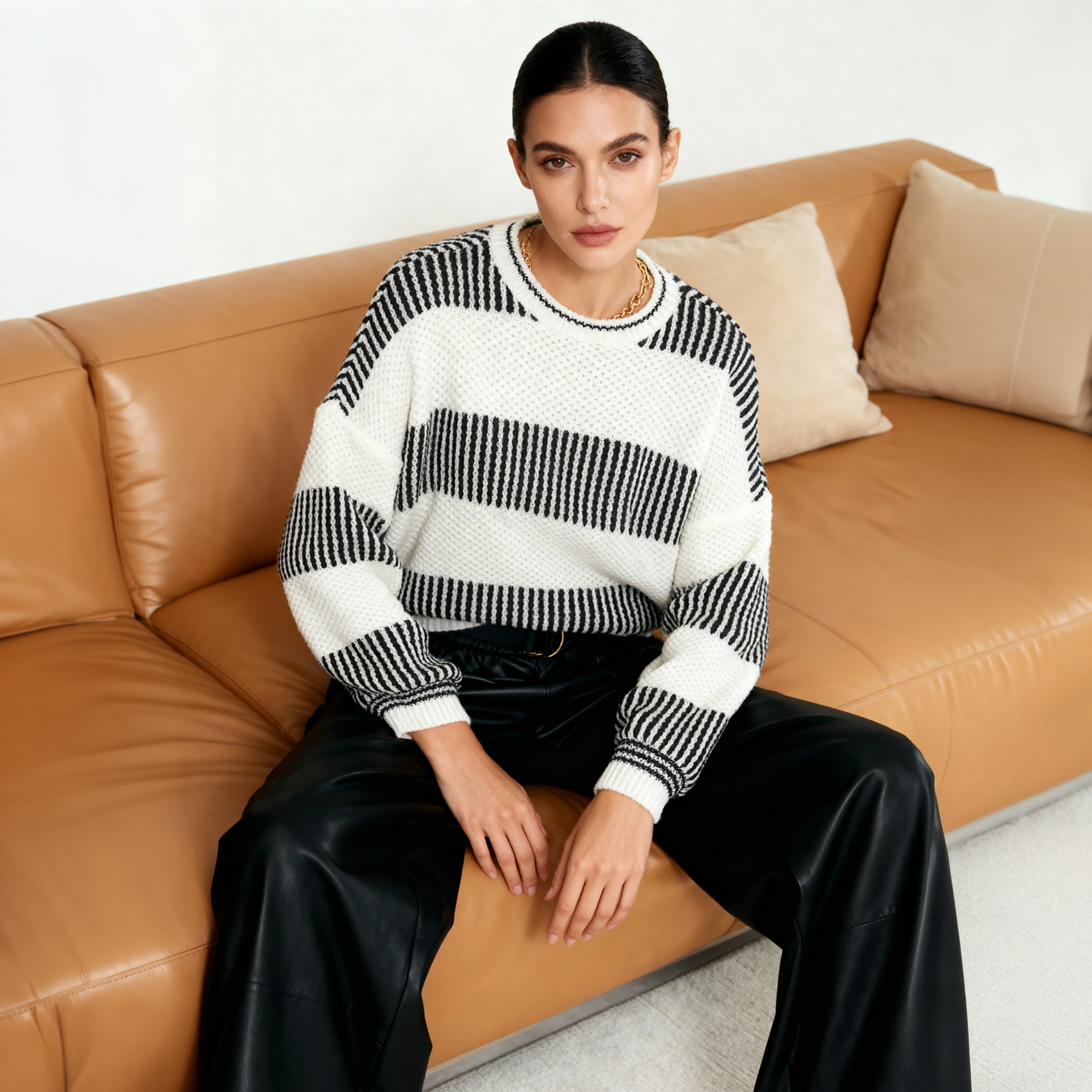 بلوفر حريمي أبيض بتصميم ألوان متباينة وأكمام ساقطة من ترينديول ميلا-women-winterwear-cardigansandjumpers-jumpers-image-2