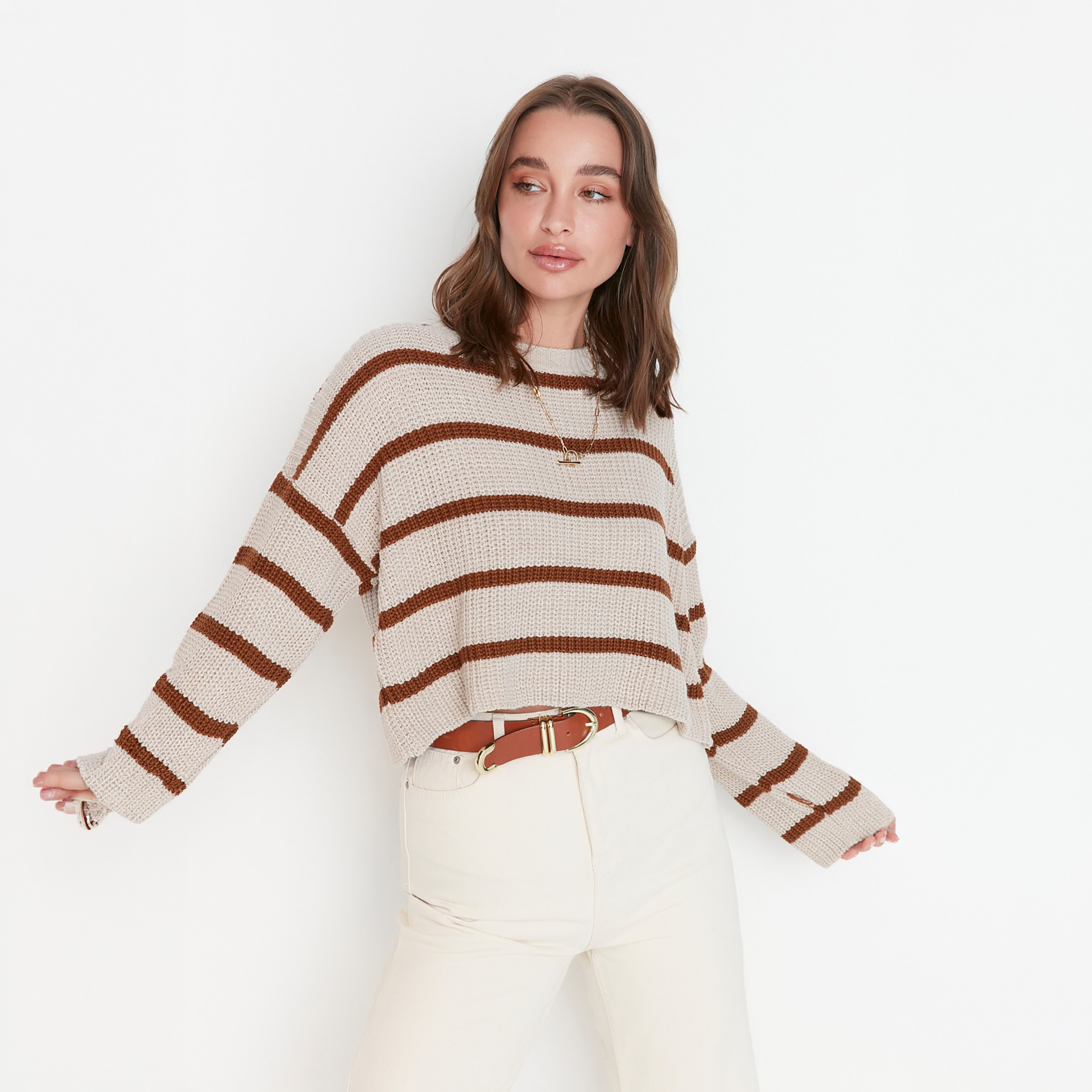 بلوفر حريمي مخطط بأكمام مسدلة من تريندyول ميلا-women-winterwear-cardigansandjumpers-jumpers-image-6