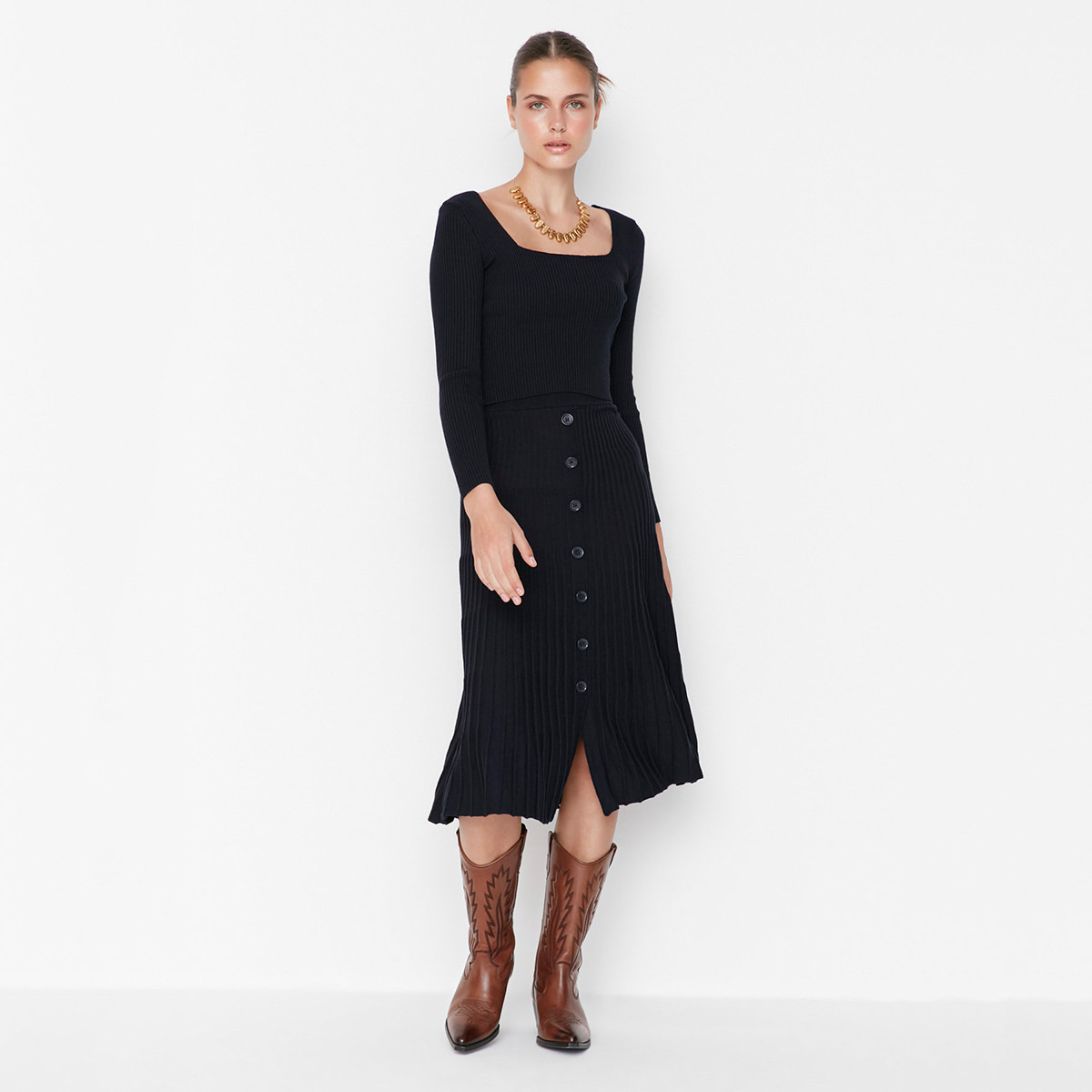 Trendyol Women Knitted Square Neck Top and Ruffled Hem Skirt Set-women-clothing-coordsets-image-1