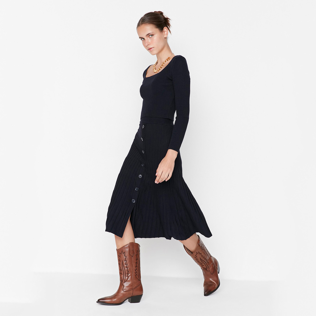Trendyol Women Knitted Square Neck Top and Ruffled Hem Skirt Set-women-clothing-coordsets-image-2