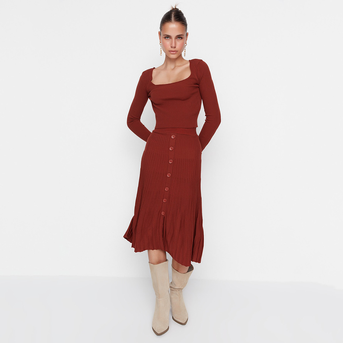 Trendyol Women Knitted Square Neck Top and Ruffled Hem Skirt Set-women-clothing-coordsets-image-8