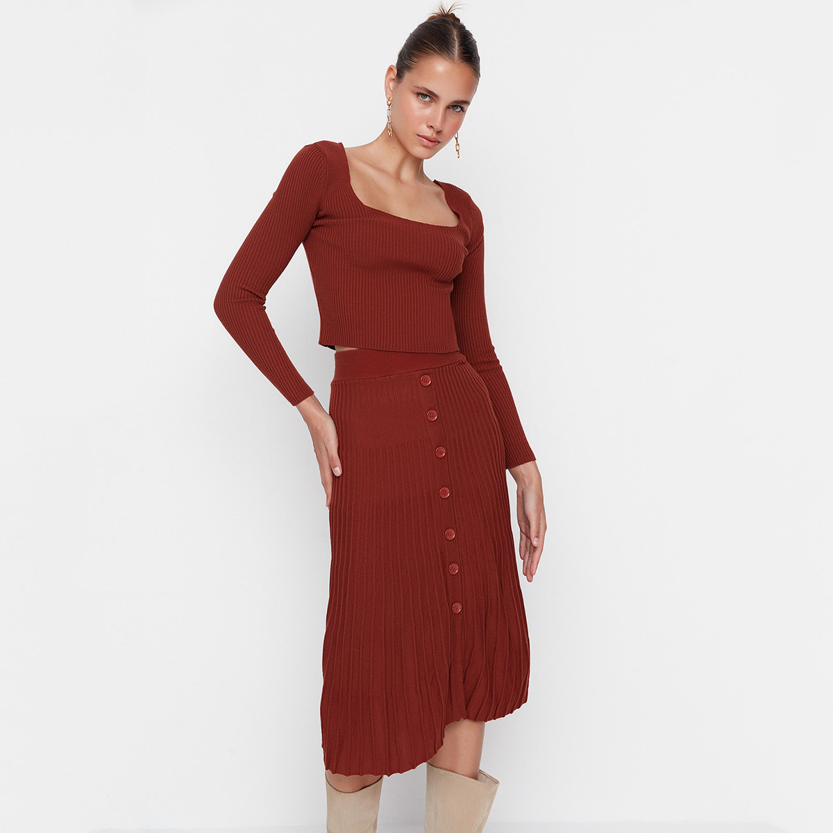 Trendyol Women Knitted Square Neck Top and Ruffled Hem Skirt Set-women-clothing-coordsets-image-9
