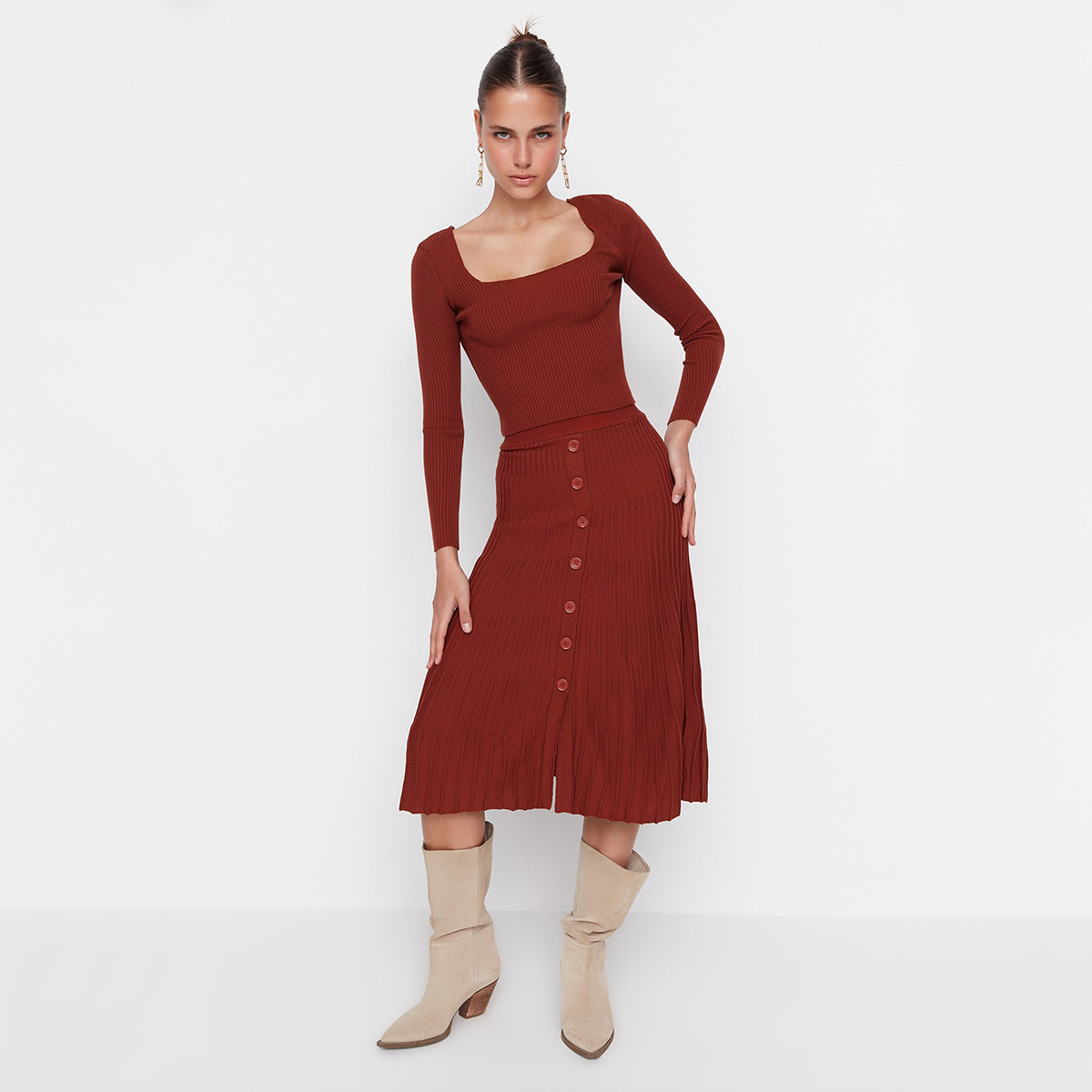 Trendyol Women Knitted Square Neck Top and Ruffled Hem Skirt Set-women-clothing-coordsets-image-10